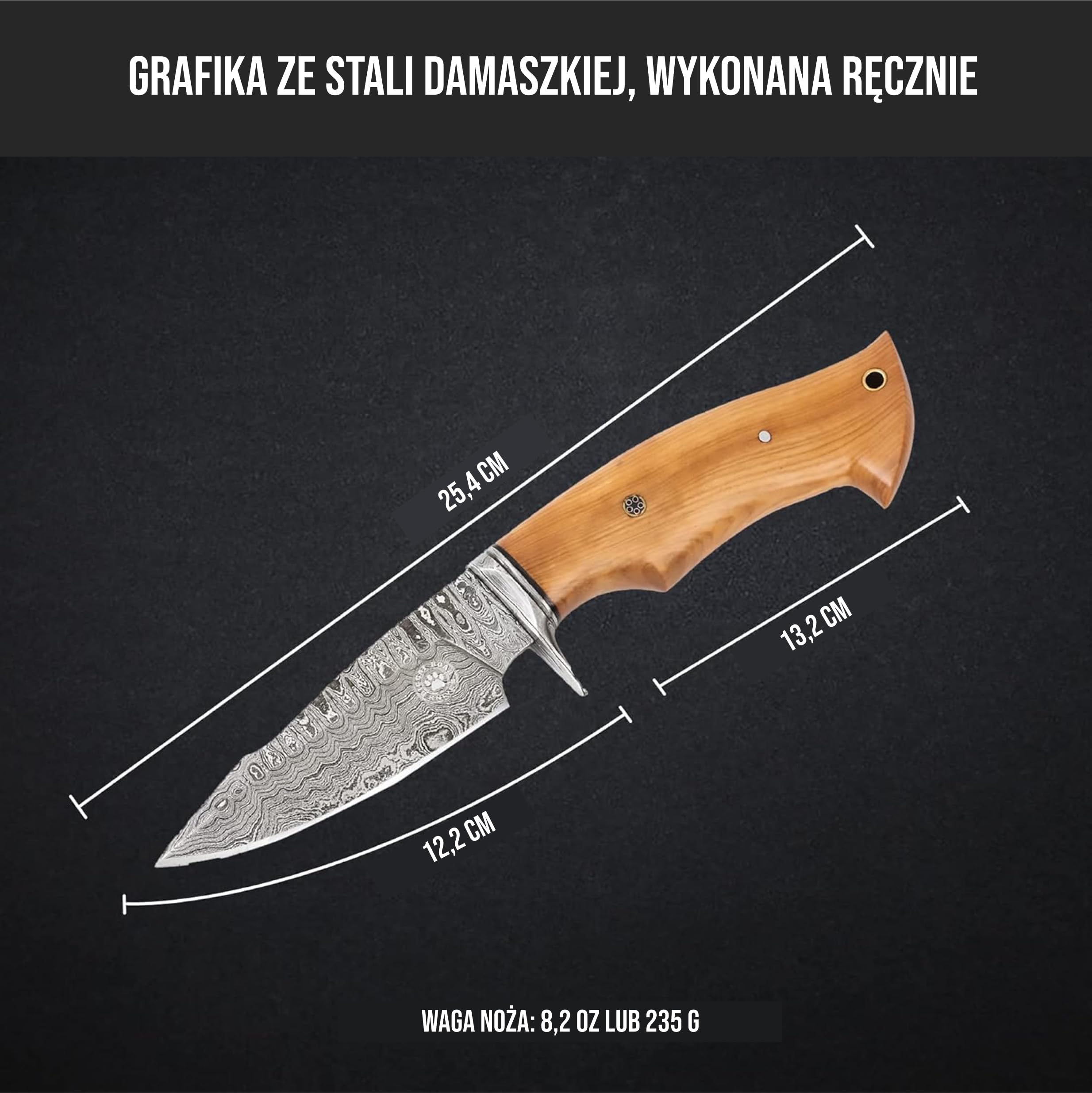 BIGCAT ROAR Ręcznie Robiony Nóż Myśliwski z Damastu - Stały Nóż do Bushcraftu z Futerałem i Rękojeścią z Drewna Oliwnego - 10″ Nóż do Skórowania - Łowca Drapieżników