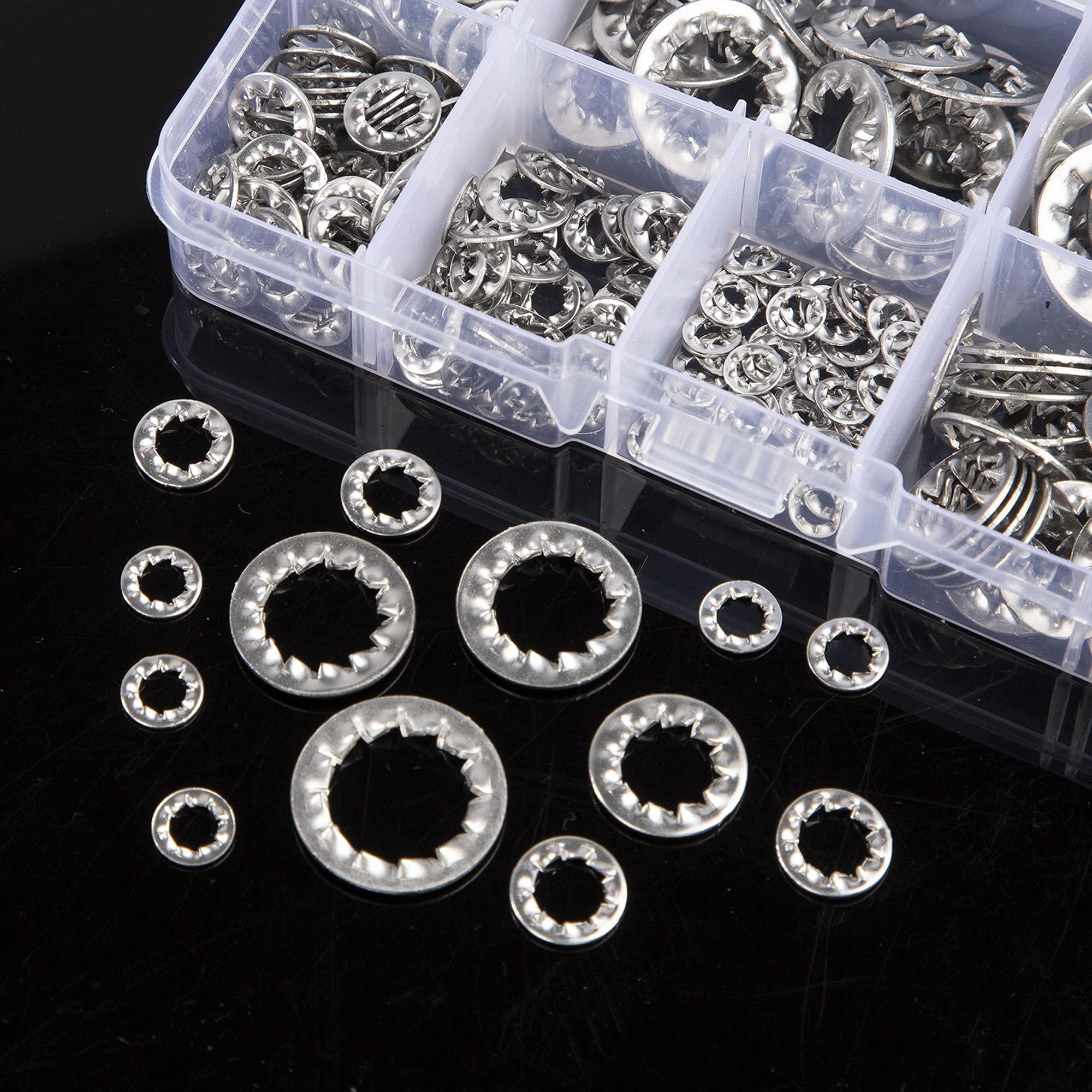Rondelle di bloccaggio in acciaio inox Rondella di bloccaggio M3 M4 M5 M6 M8 M10 M12 Veloce Spingere Attacchi Abbinamento Kit con Scatola 270 Pezzi