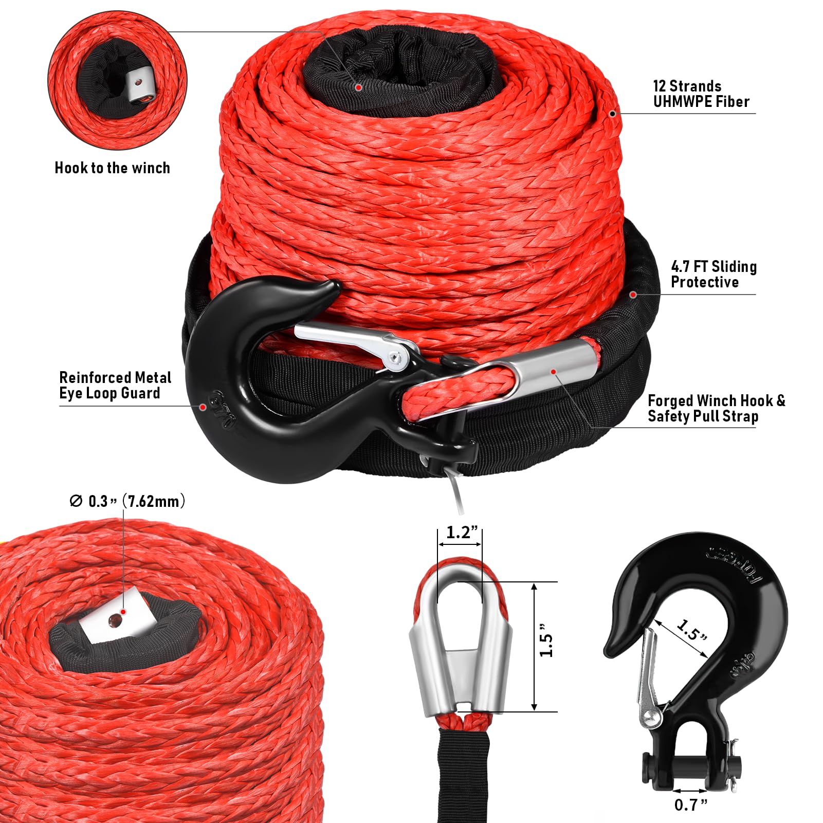 Synthetisches Windenseil, 0,95 cm x 28 m, 12020 kg, Seilzug-Set, Windenschnur-Ersatz mit Schutzhülle und strapazierfähigem, geschmiedetem Seilwinde Haken für Allradfahrzeuge, LKW, ATV, UTV, SUV, Rot