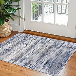 KOZYFLY Modern Abstract Rugs for Entryway 2x3, Washable Kitchen Rug Non-Slip Soft Small Bathroom Rug, Grey-Blue Striped Entryway Rugs Abstract Faux Wool Doormat for Bedside Entrance Bedroom Sink