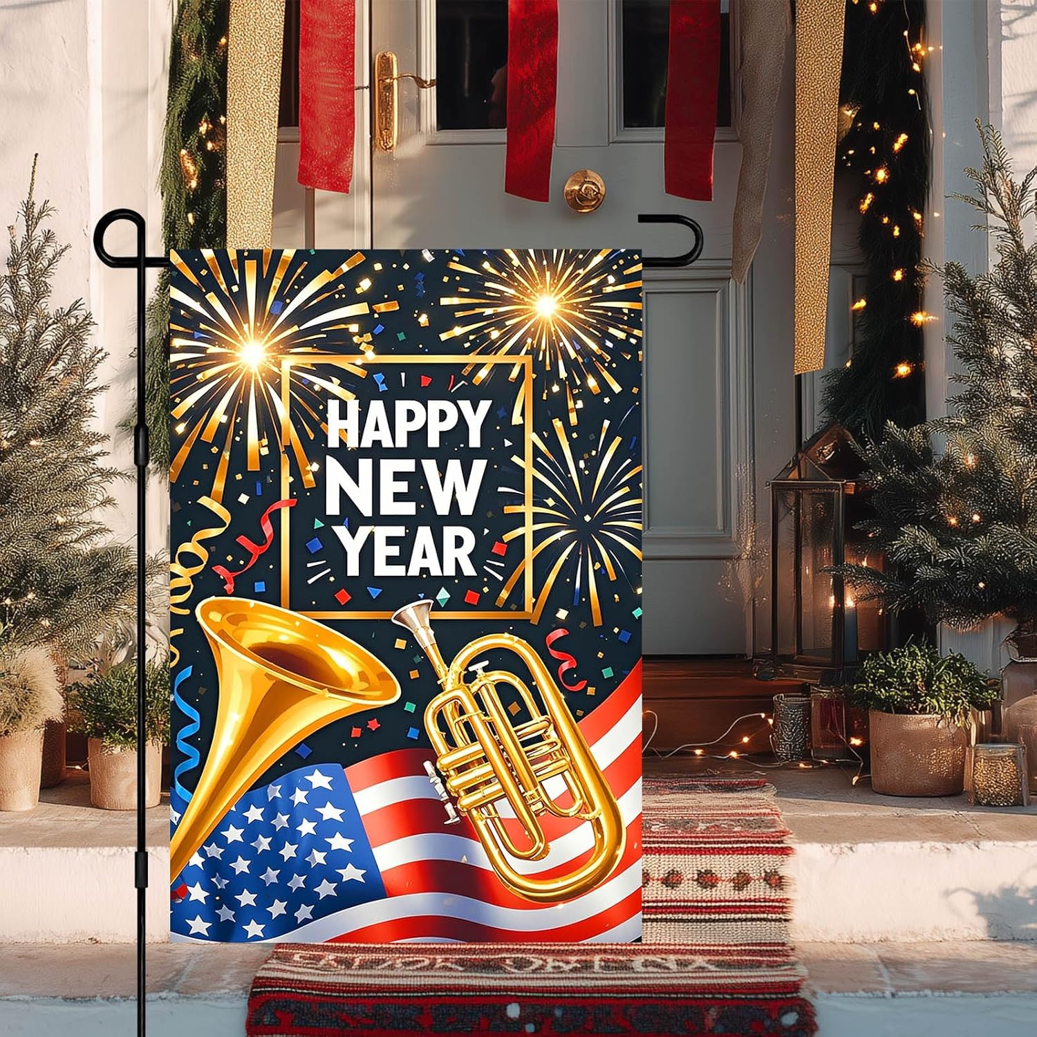 Happy New Year Garden Flag 12x18 Inch Double Sided Patriotic Banner Outdoor Yard Decoration with Confetti for Home Lawn Porch Seasonal Holiday Welcome Garden Flags Outdoor Decor - Image 9