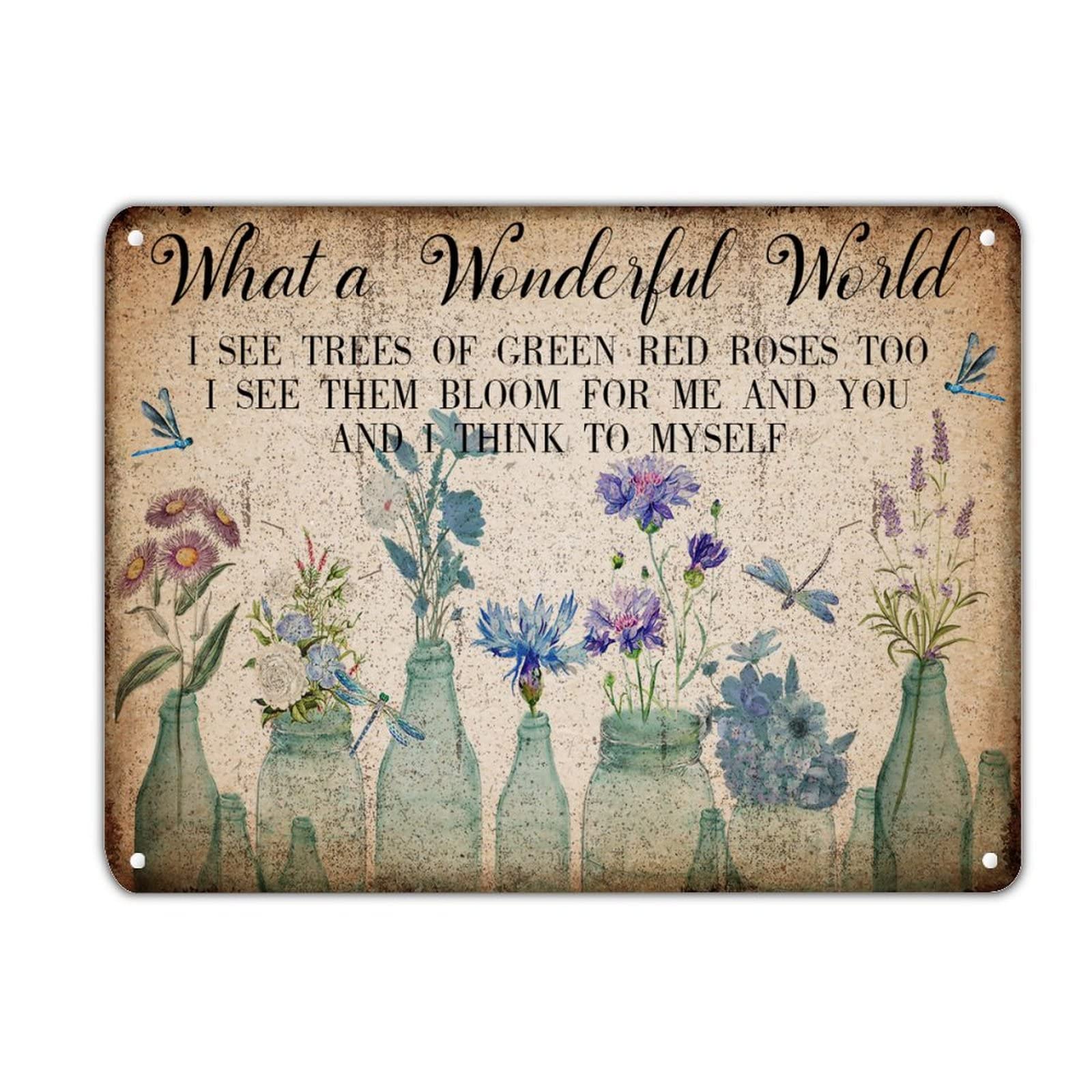What A Wonderful World Tin Sign Vintage Dragonfly Tulip Rose Flower Vase Metal Tin Sign Classic French Floral Tin Art Sign Decor for Home Living Room Porch Coffee Shop 8x12 inches