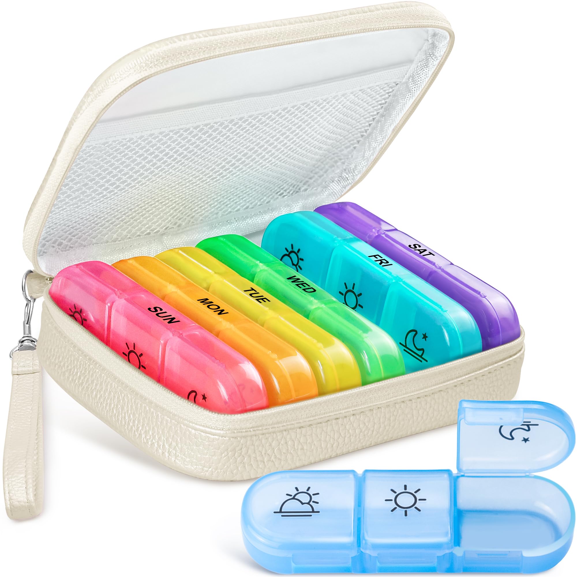 AMOOS Cute Pill Organizer 3 Times a Day, Large Daily Pill Case for Women, Portable Pill Box 7 Day for Purse with Bag &amp; Zipper to Hold Vitamins, Medications, Fish Oils, Supplements (Beige)