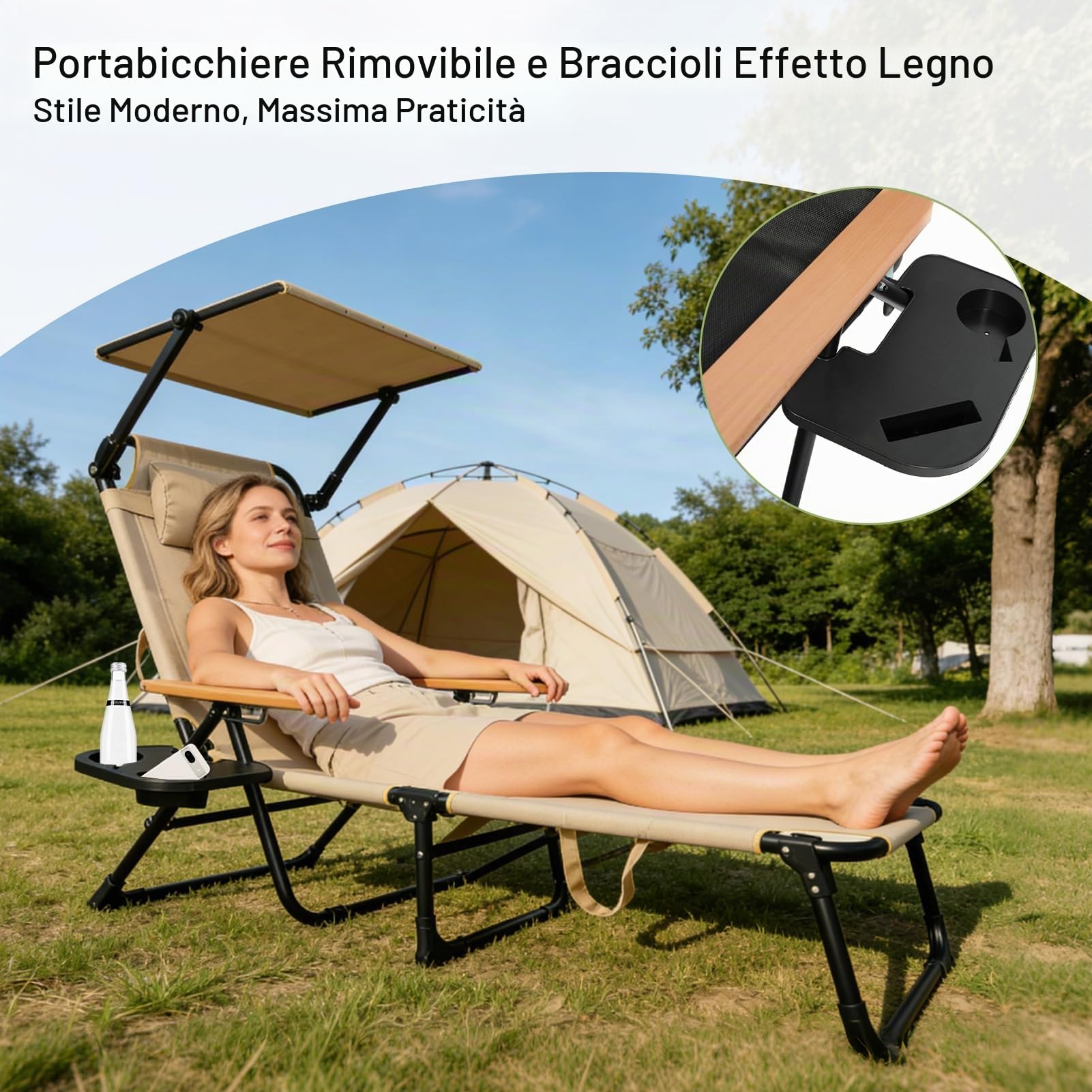 Lettino Prendisole Pieghevole con Tettuccio, Lettino Prendisole da Giardino con Parasole Schienale Regolabile, in Tessuto Oxford e Metallo, Sdraio da Spiaggia, per Mare, Piscina
