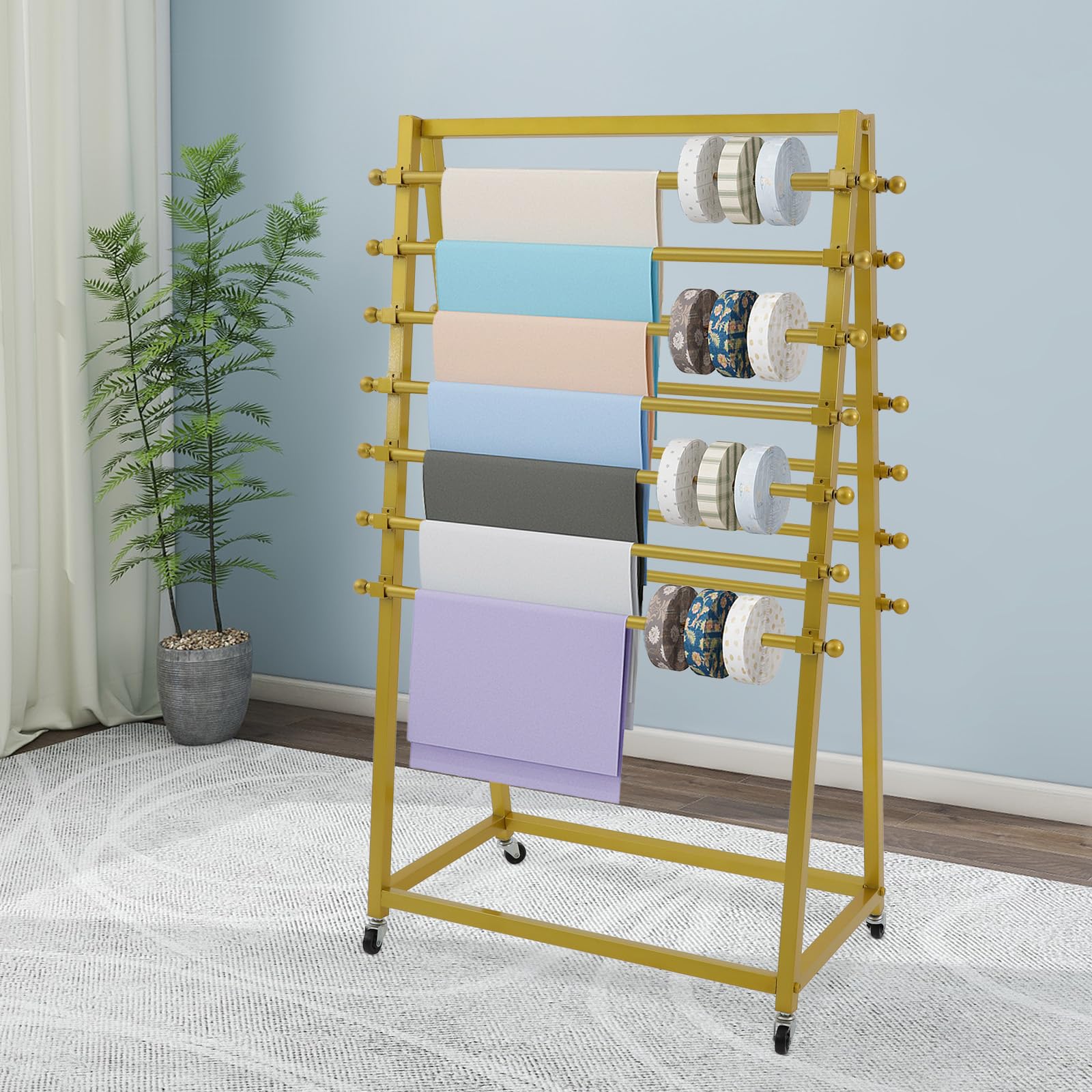 GXFCHYL 15 Tiers Metal Ribbon Holder Organizer Rack Double-Sided Ribbon Rack with 4 Universal Wheels, Scarf Display Stand for Pants, Ties, Belt and Towels (Gold)