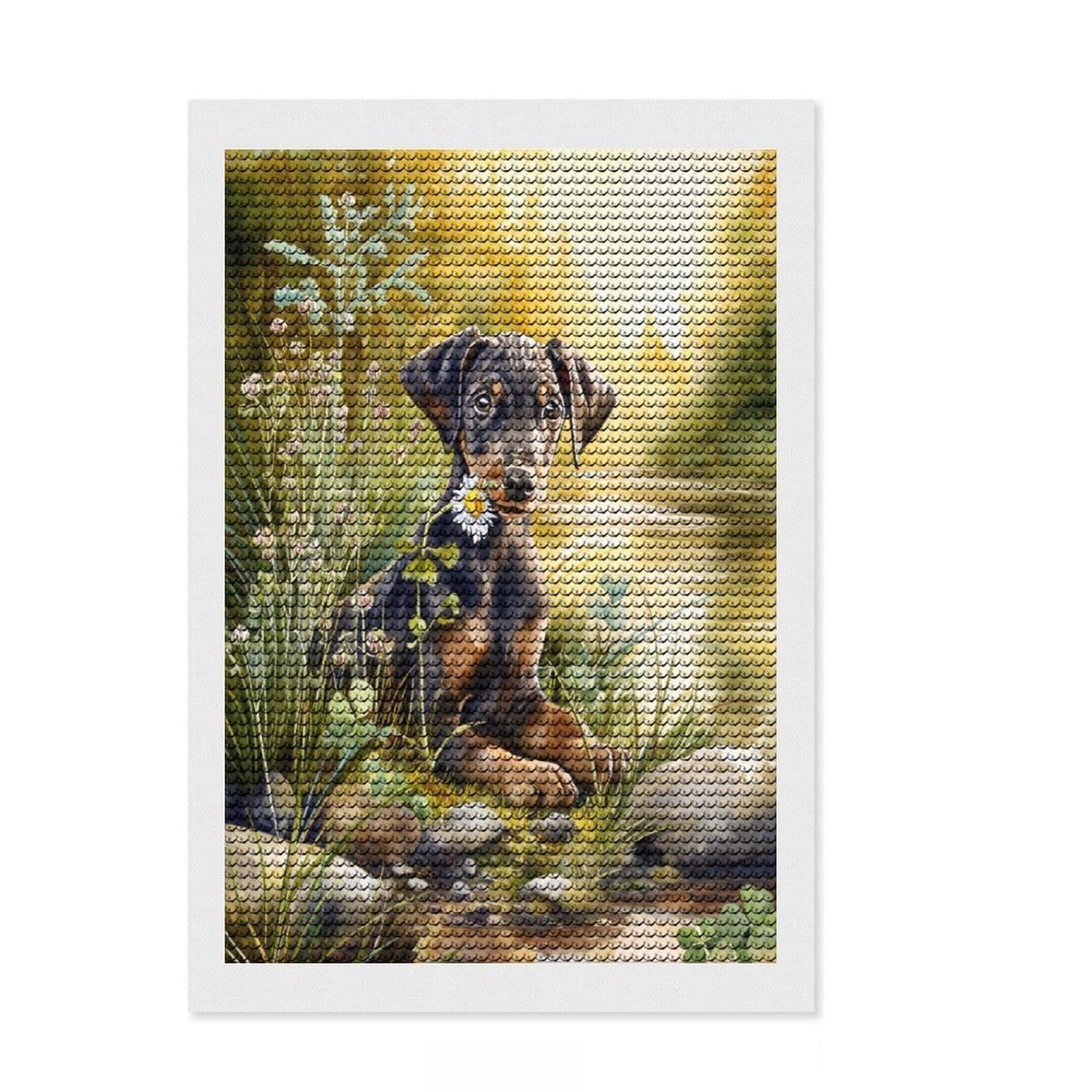 Junmoney Charming Puppy by The Stream Full Drill Diamond Painting Kit 8"x12", for Creative Relaxation, Printed Canvas, Farmhouse Decor, Christmas Gift