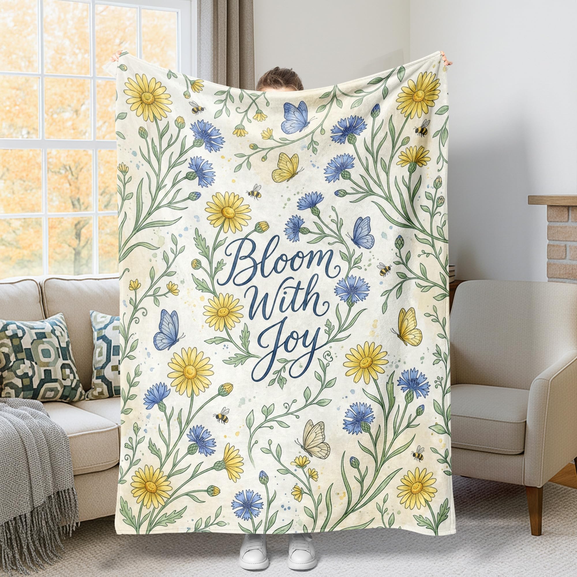Couverture pelucheuse imprimé floral et papillon 152x203 cm pour lit et canapé