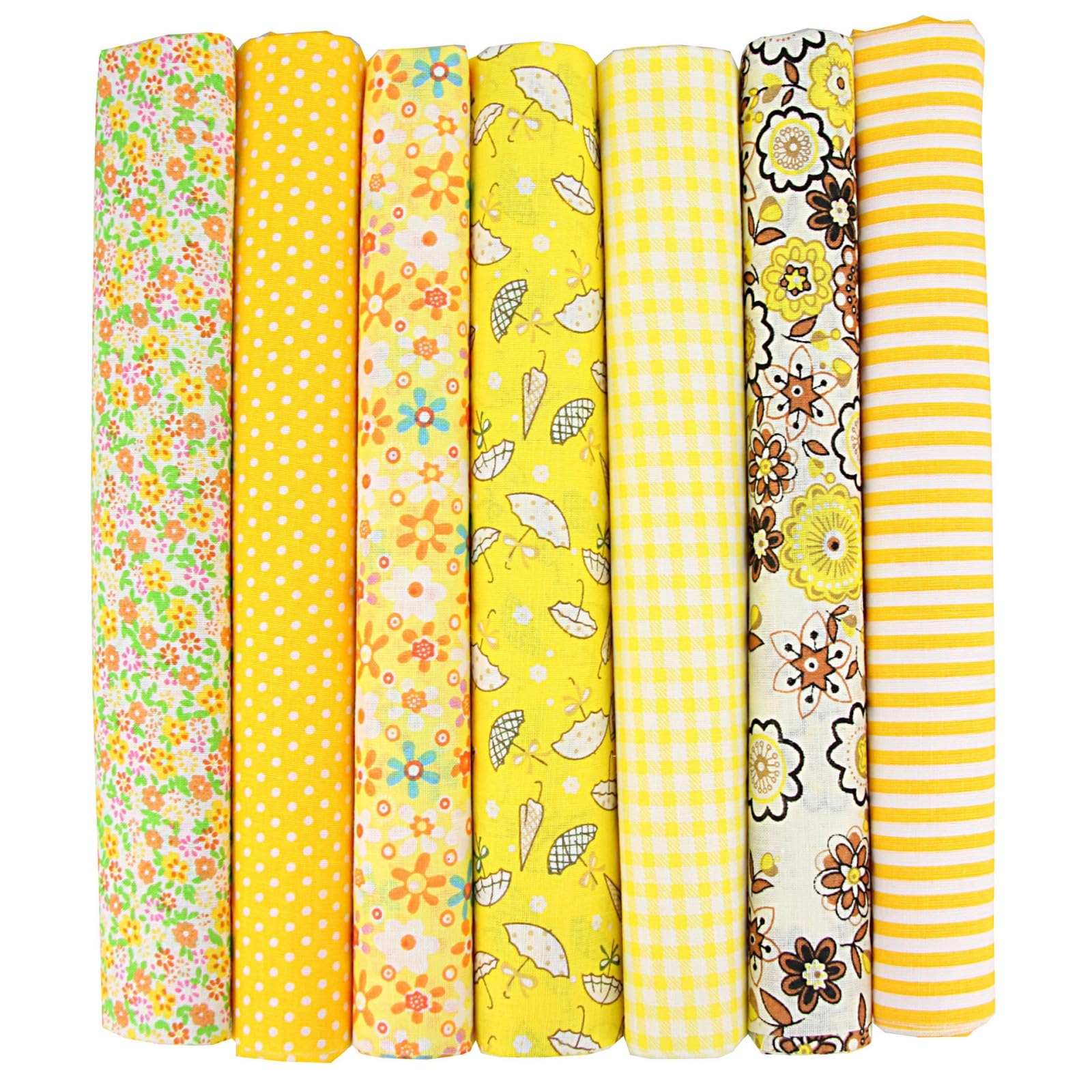 7er Set Baumwollstoff 50x50cm – Stoffe zum Nähen, Patchwork Stoffe, Stoffreste – DIY Stoff für Basteln, Quilten, Deko & Puppenkleidung – 100 % Baumwolle, Verschiedene Designs (Gelb, 50x50cm)