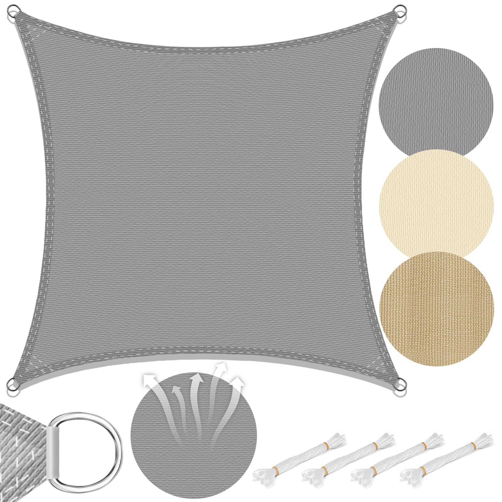Voile d'ombrage carrée toile tendue grise 3x3m HDPE respirant balcons
