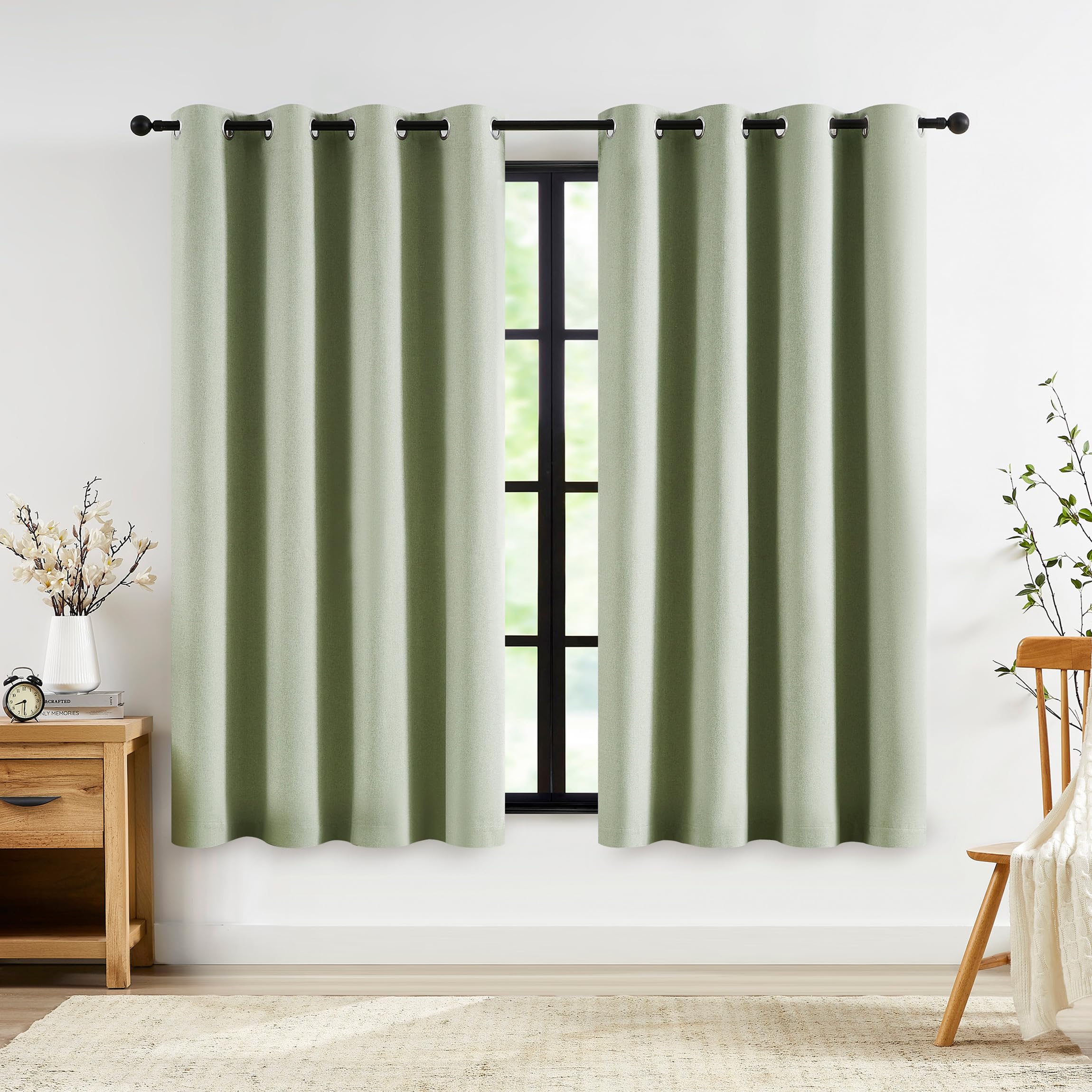 Abstractex Green Linen Full Blackout Eyelet Curtains 54 Inch Long Drop for Living Room Thermal Insulated Noise Reducing Window Treatments for Bedroom, 52" Wide 2 Panels