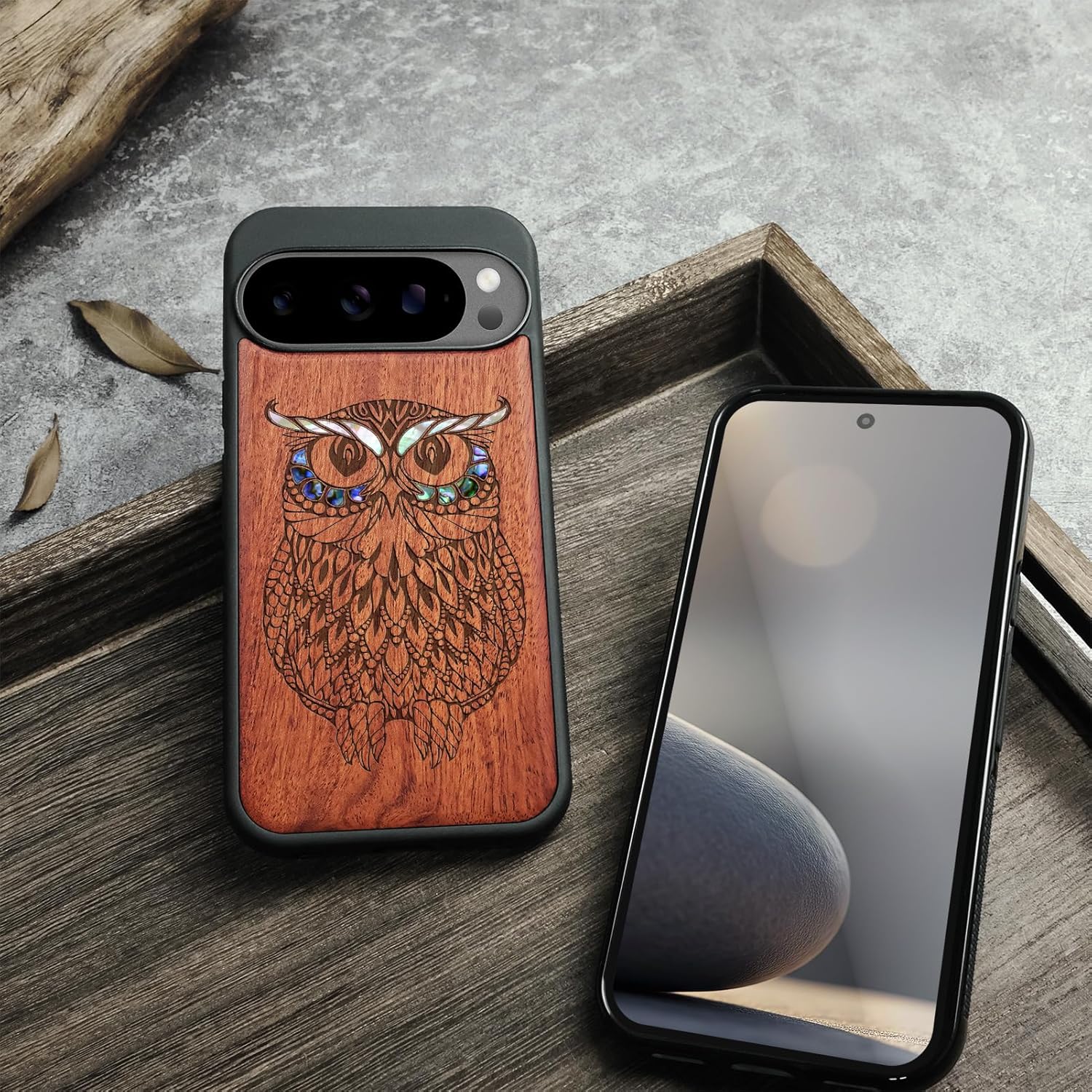 Carveit Magnetic Wooden Case for Pixel 10 / Pixel 10 Pro Case, Wood Artisan Engraved & Handmade Shell Inlaid, Compatible with MagSafe Wireless Chargers, The Owl Mandala - Rosy