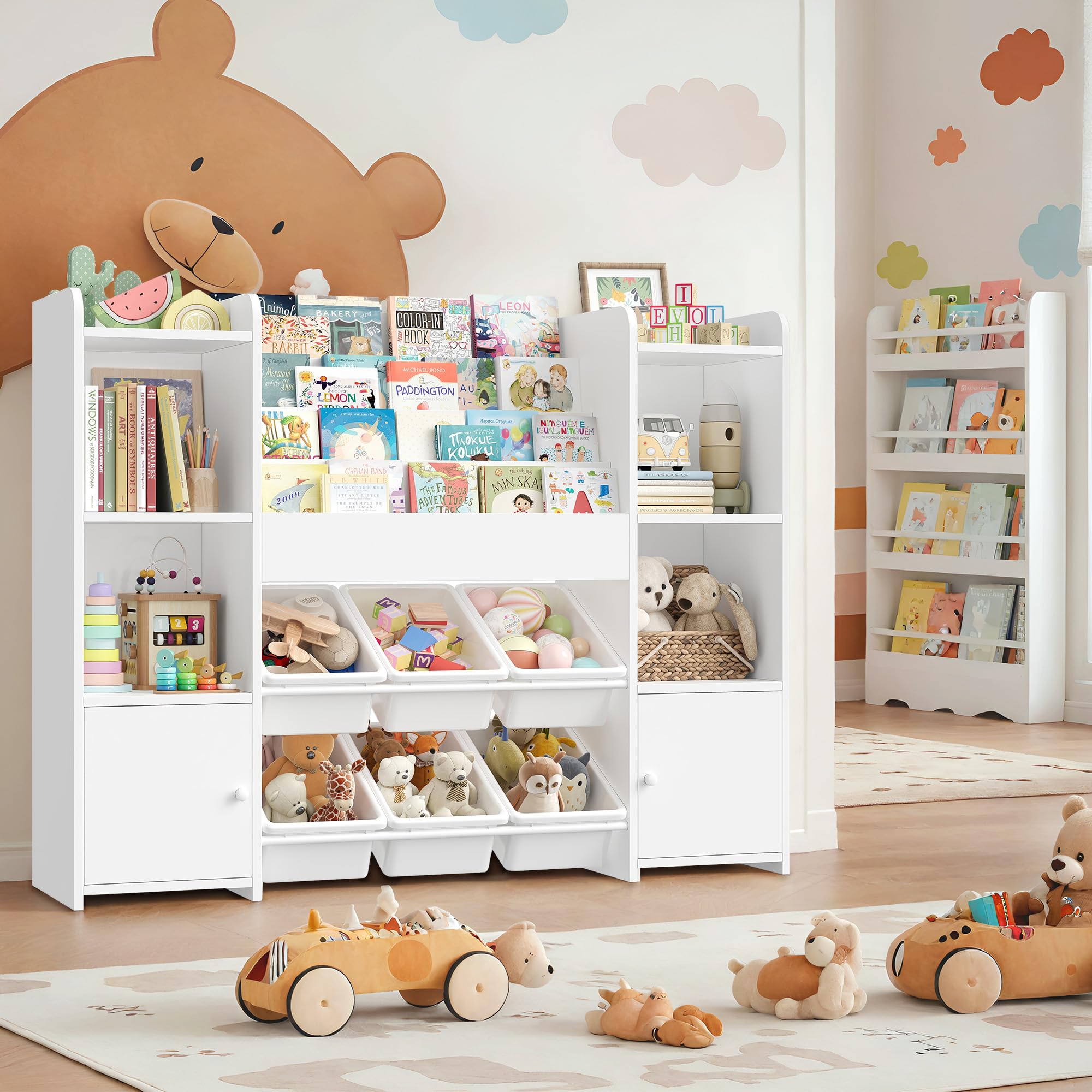FOREHILL Meuble Rangement Enfant Bibliothèque Enfant avec 6 Boîtes Amovibles 12 Étagères Rangement Jouet Enfant pour Chambre d’Enfant Salle de Jeu Blanc