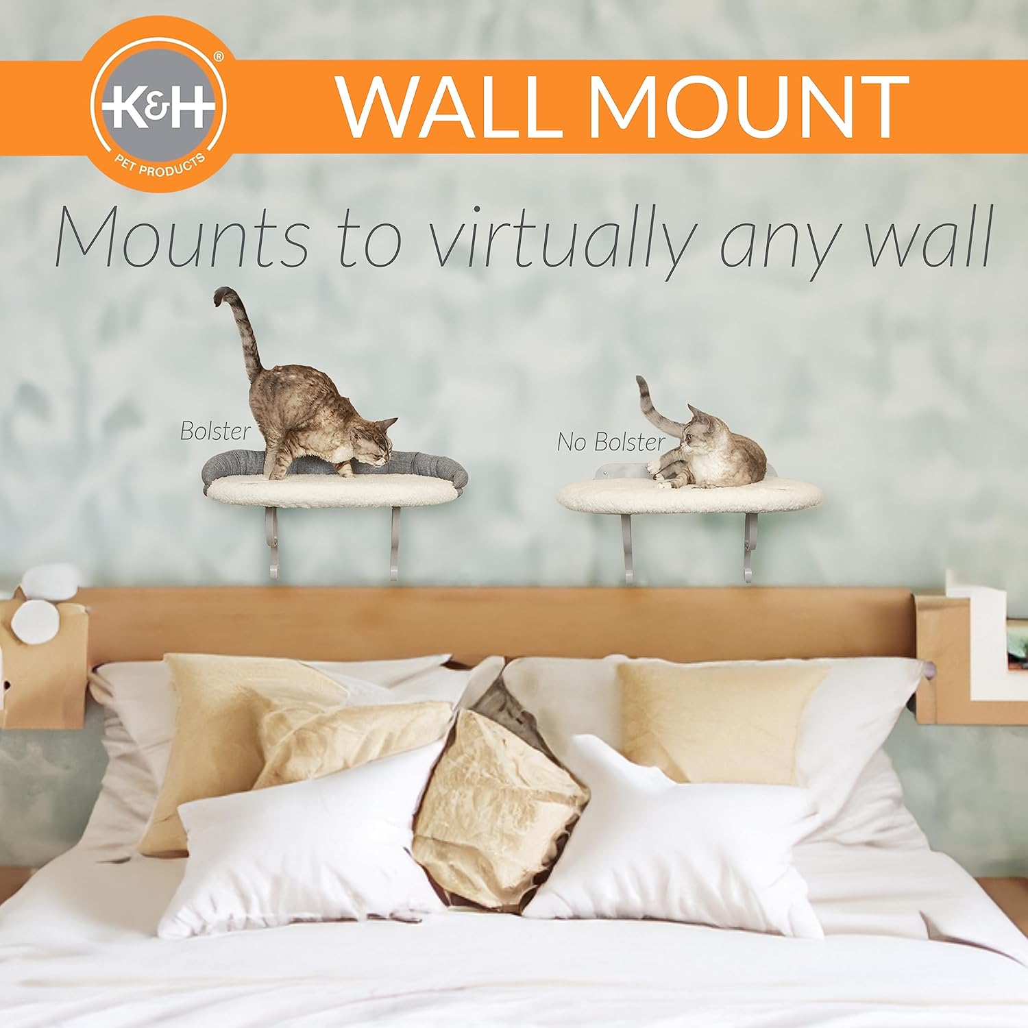 review K&H Pet Products Universal Wall Mount Cat Shelf Perch for Indoor Cats, Floating Cat Bed Hammock for Kittens or Adults, Play or Sleep - Perch with Bolster Natural 24 X 14 Inches