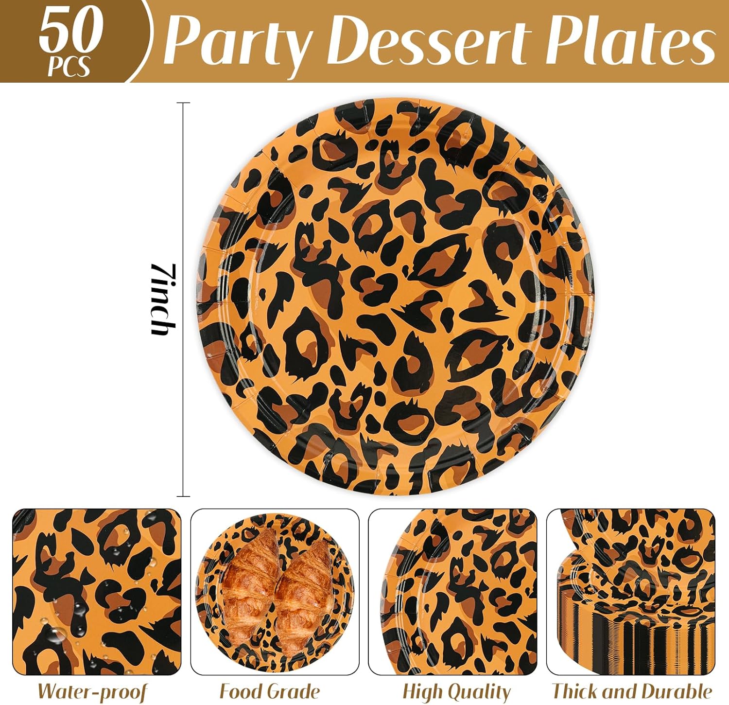 50PCS Leopard Paper Plates, Disposable Jungle Cheetah Print Dessert Plates Leopard Print Lunch Tableware Party Supplies for Birthday, Baby Shower and Jungle Themed Party - Image 2