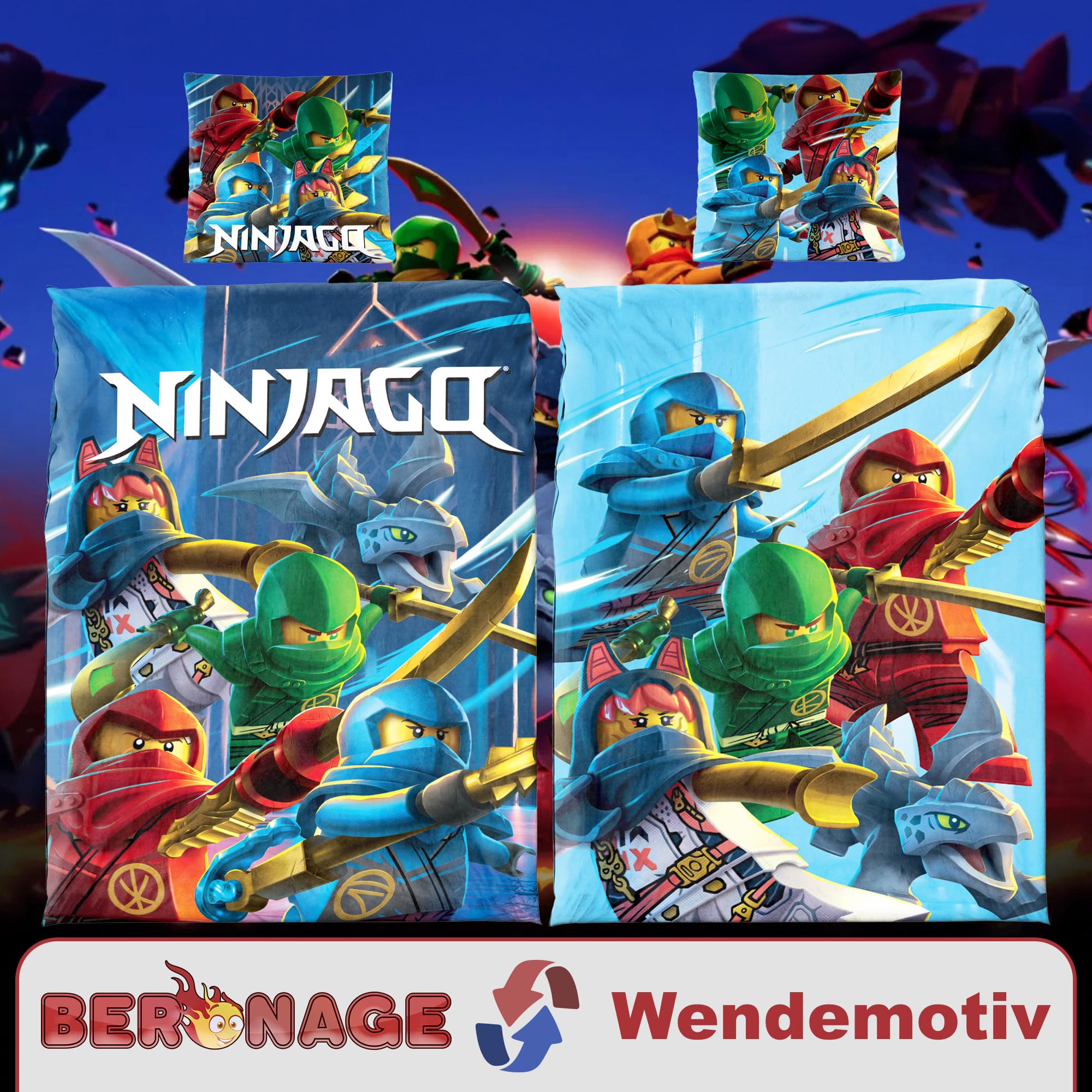 BERONAGE Lego Ninjago Kinder-Bettwäsche Ninja Save Heaven 135x200 cm + 80x80 cm 100% Baumwolle Linon/Renforcé Zwei Vollmotive - deutsche Größe Reißverschluss passend z. Decke Kissen Badetuch Poncho
