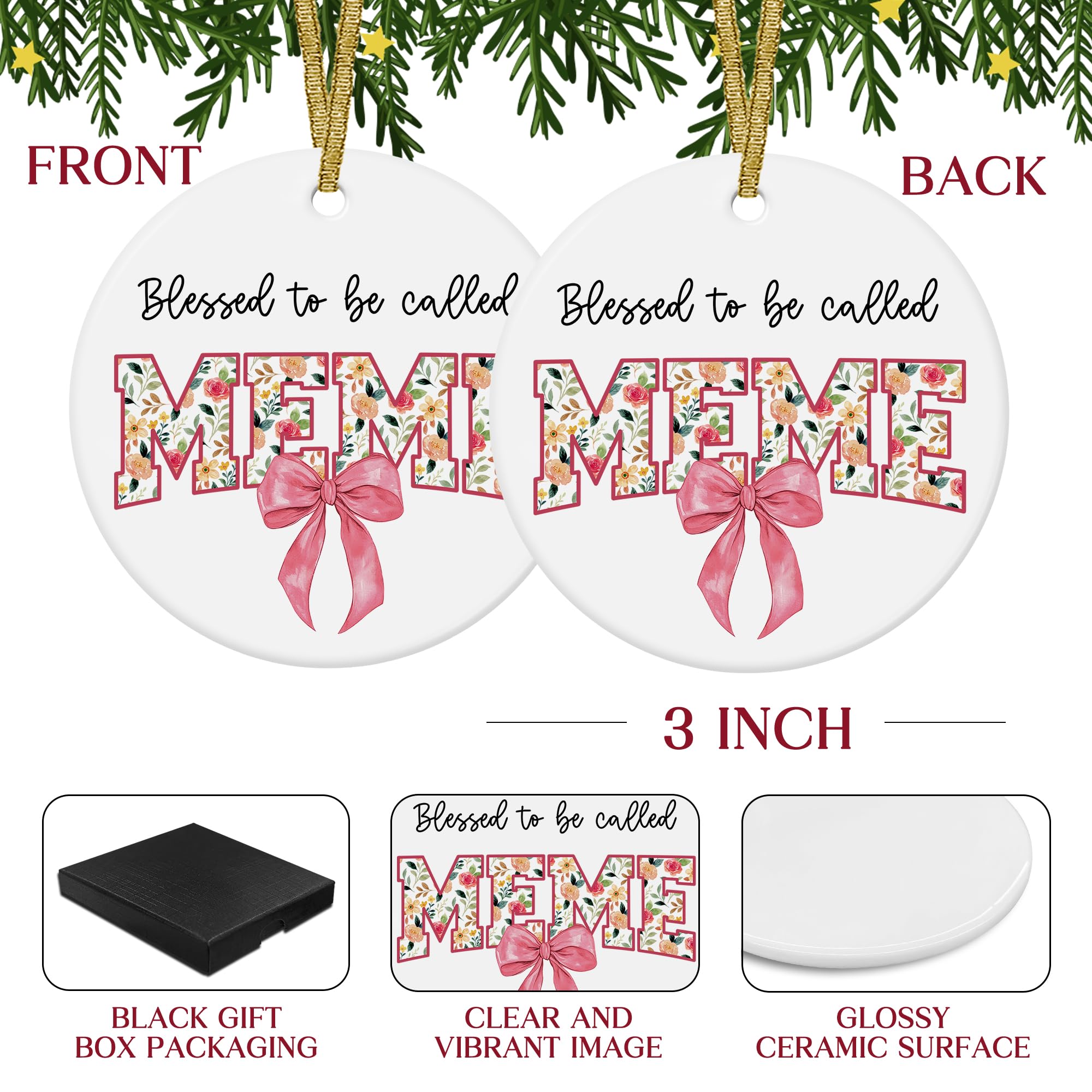 Blessed to Be Called Meme Mothers Day Birthday Christmas Tree Ceramic Ornaments Gifts for Grandma from Grandkids, Grandma Ornaments for Christmas Tree Decorations Gifts for Meme, 3x3Inch