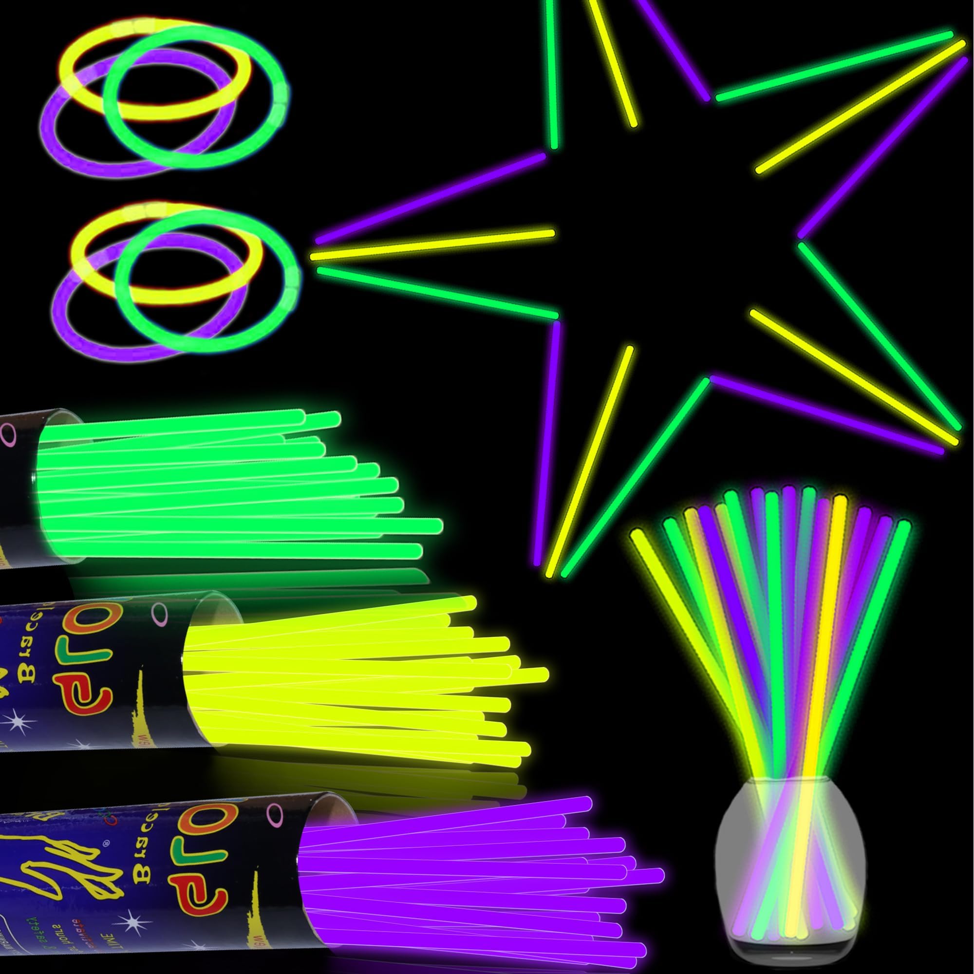 150 pk 8" Green Yellow Purple Glow Sticks Bulk Party Favors, Light up Glow Necklaces & Bracelets in the Dark Party Supplies For Christmas Halloween