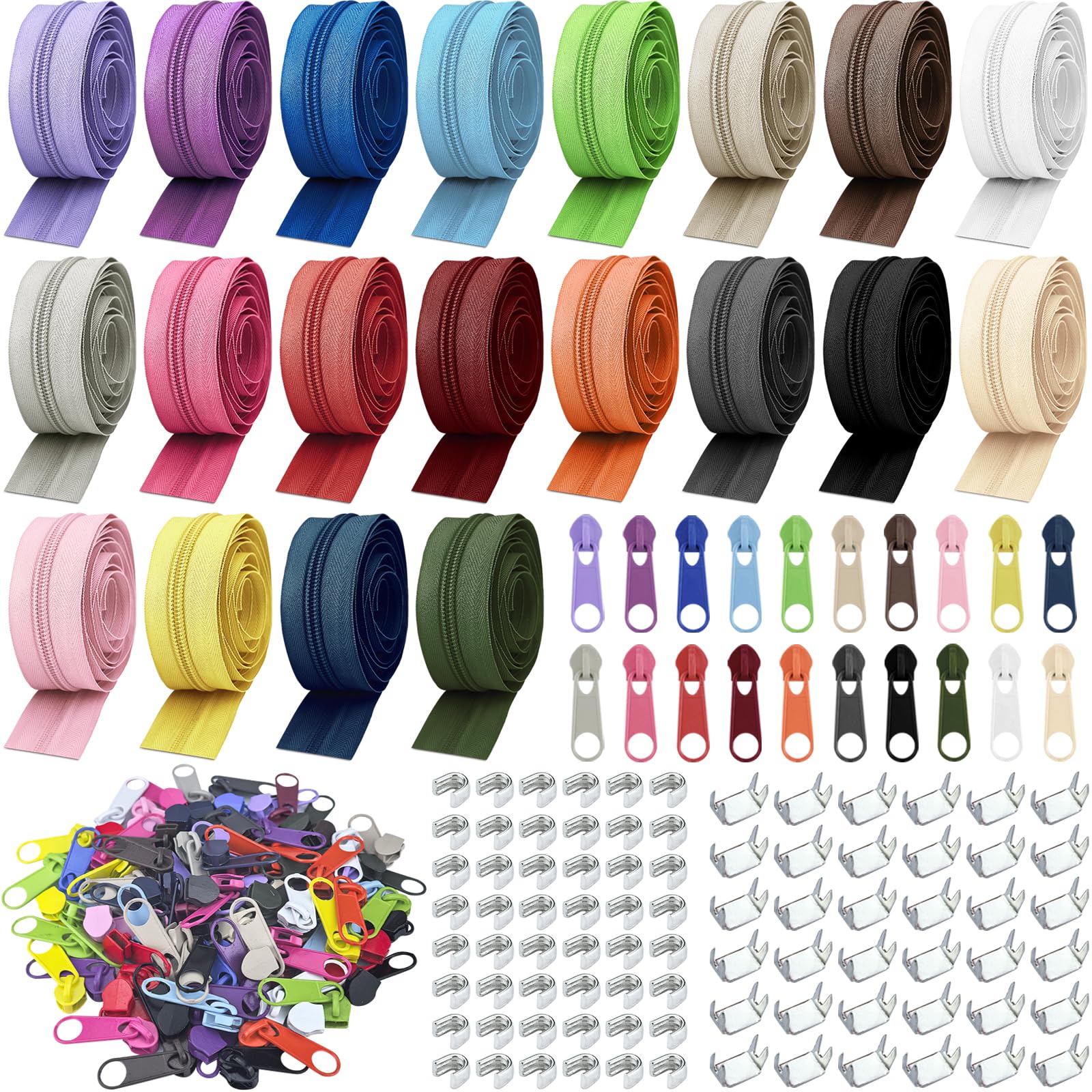 Photo 1 of #5 Nylon Coil Zipper Tape for Sewing 60 Yards 20Pcs Sewing Zippers Bulk with 120 Metal Zipper Slider 100 Bottom Stop and 200 Top Stop for DIY Tailor Bags Purses Craft