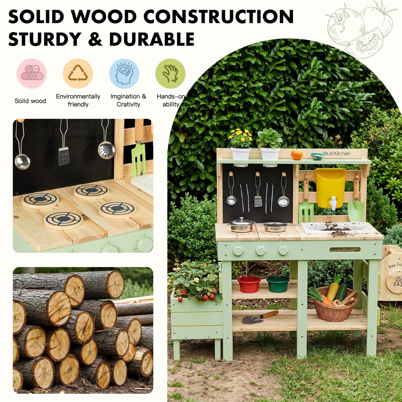 Labebe Matschküche Kinder Outdoor, 3-in-1 Matschküche mit Pflanzkasten und Insekten-Beobachtungsbox, Outdoor Spielküche & Kinderküche aus Holz mit Spüle, Wasserhahn und Zubehör, ab 3 Jahren