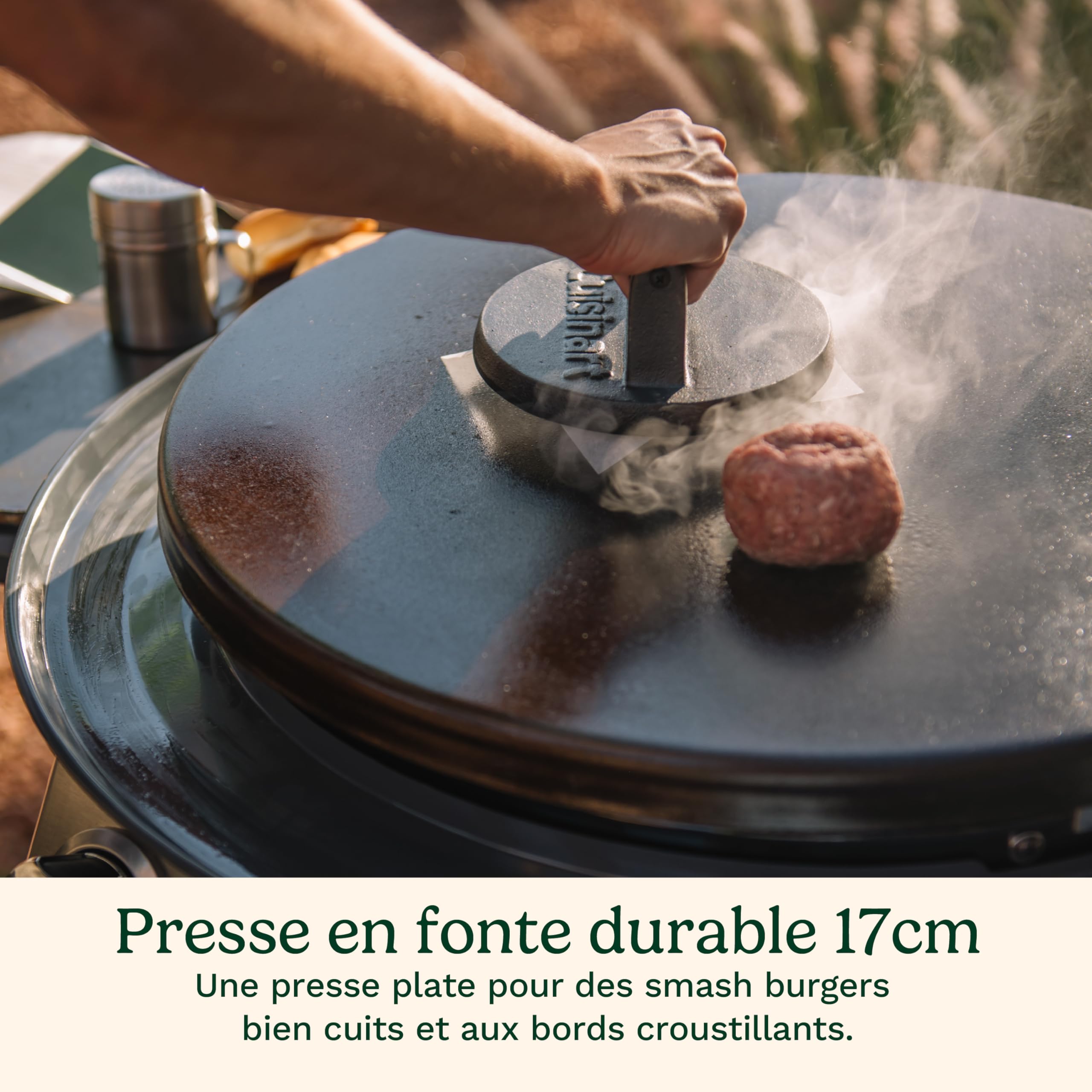 Cuisinart kit Presse à Burger Fonte 17 cm. Presse Smash Burgers avec spatule et Feuilles antiadhésives. Lourde pour Bords croustillants. BBQ, plancha, poêle, Indoor/Outdoor.