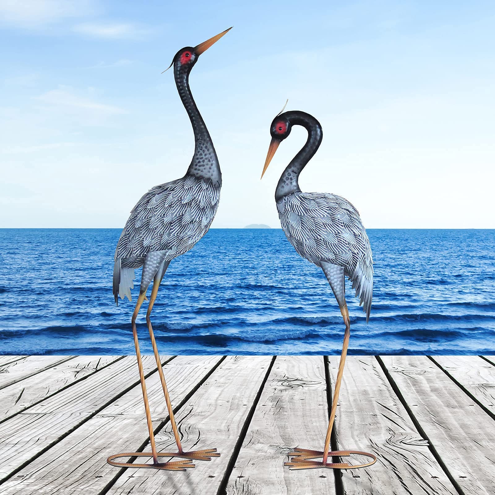 Oritty Metall-Reiher Gartenstatuen – 2 Stück, Cyan, 96,5-107,7 Cm Hoch, Für Teich, Rasen & Hof