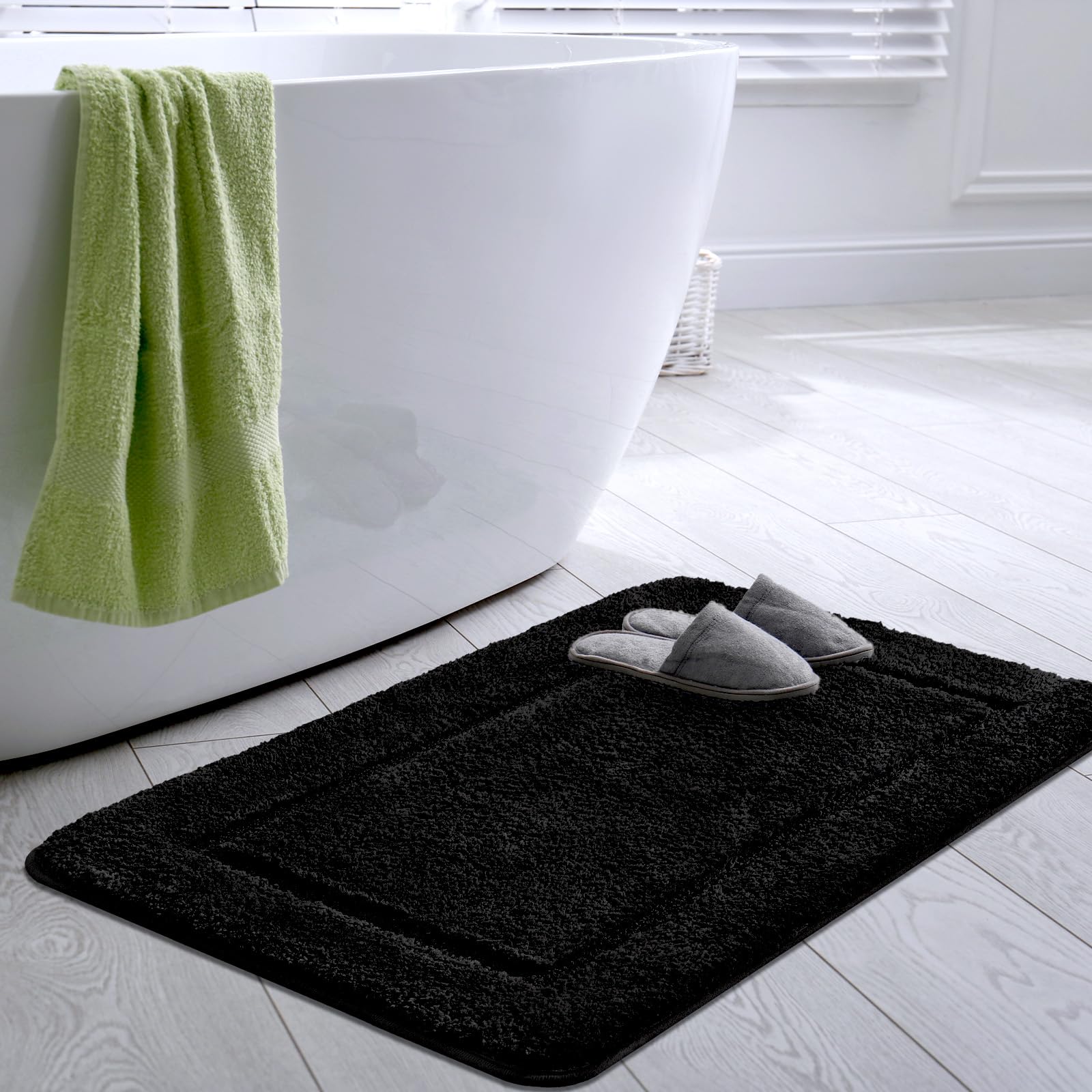 SOANNY Badematte 60x90 cm, Einzelstück, rutschfest & Waschbar, Weicher Mikrofaser Badezimmerteppich, Saugfähig & Schnelltrocknend, Schwarz