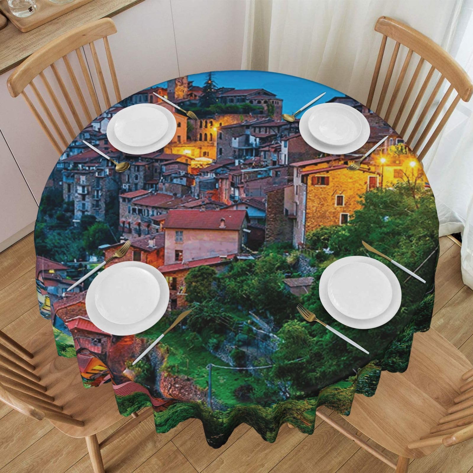 DCEHGEW 60 In Round Tablecloth with Lace, view of the city Printed Oilproof & Washable Fabric Picnic Table Cloth Table Covers