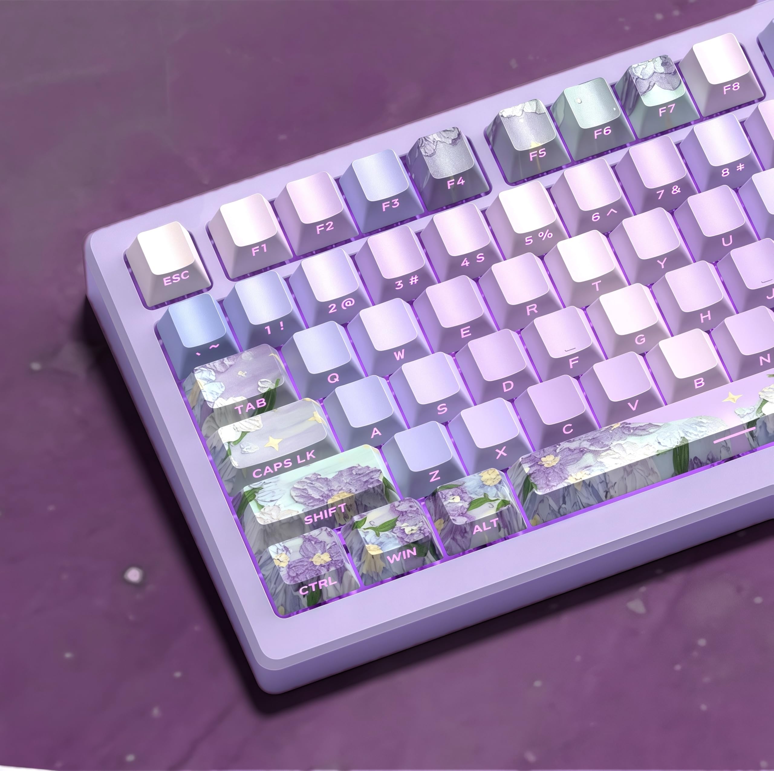 Violet PBT keycaps,Purple Double Shot Keyboard Key Cap,Side Printed keycap,Shine Through Custom keycap 75 Percent,Cherry Profile dye-sub keycaps for Machine Keyboard caps(only keycaps)
