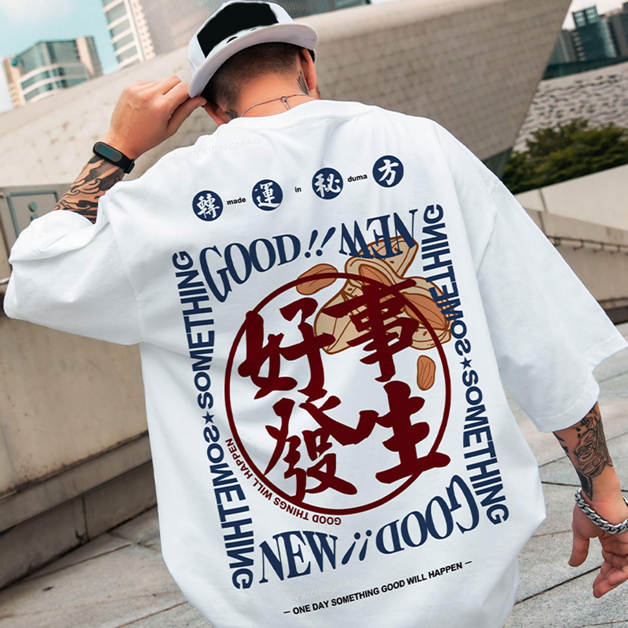 XYXIONGMAO T-shirt casual bianca con stampa grafica Kanji giapponese, unisex, streetwear, hip hop, maglietta da uomo