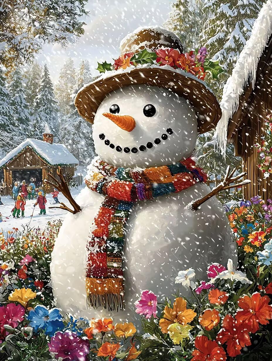 Muñeco de nieve en invierno Pintar por Numeros Adultos, 80x100cm w-1036