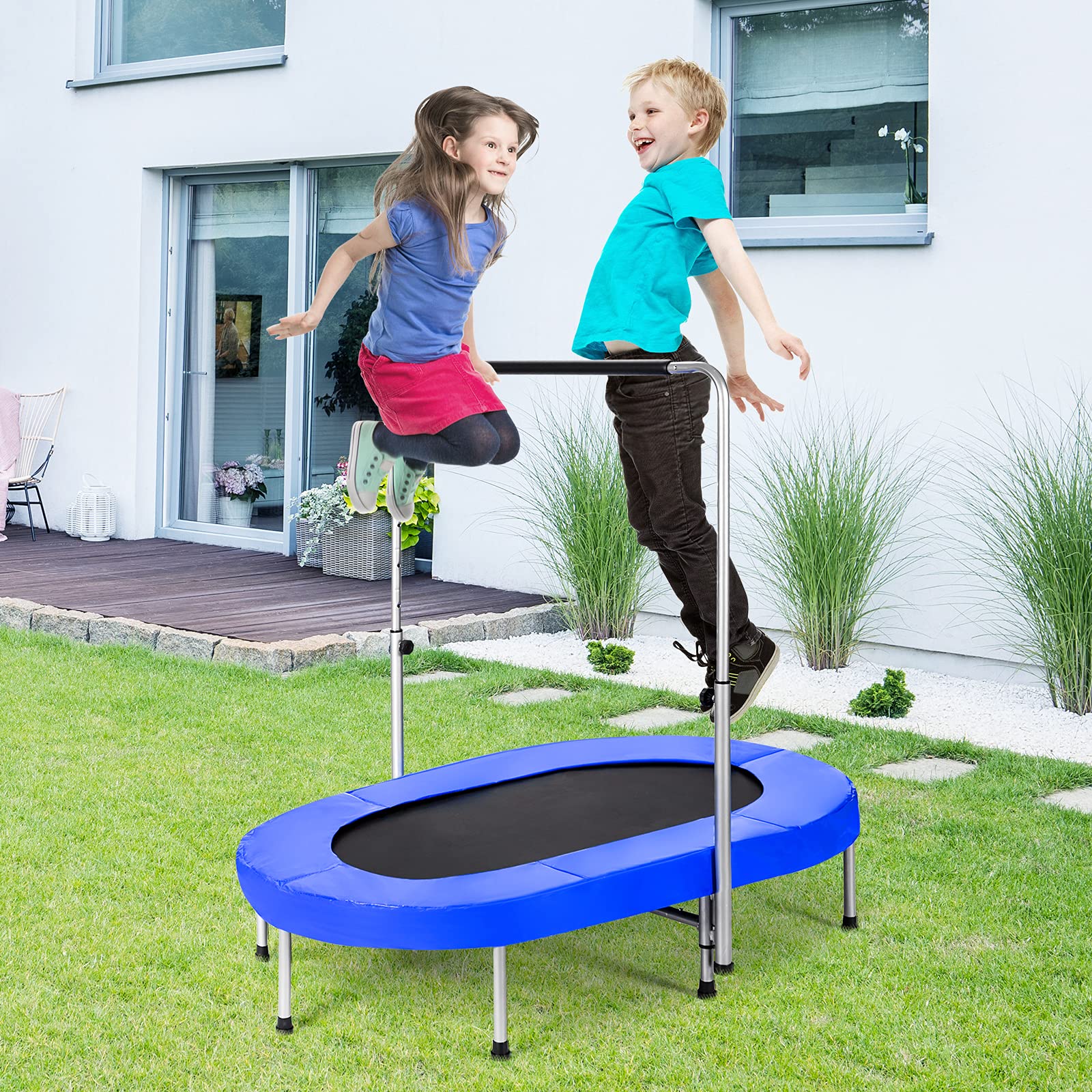 GOPLUS Trampolina dla 2 dzieci, 5-stopniowa regulacja poręczy, składana trampolina dziecięca do użytku wewnątrz i na zewnątrz, trampolina fitness dla dzieci/dorosłych, obciążenie do 150 kg