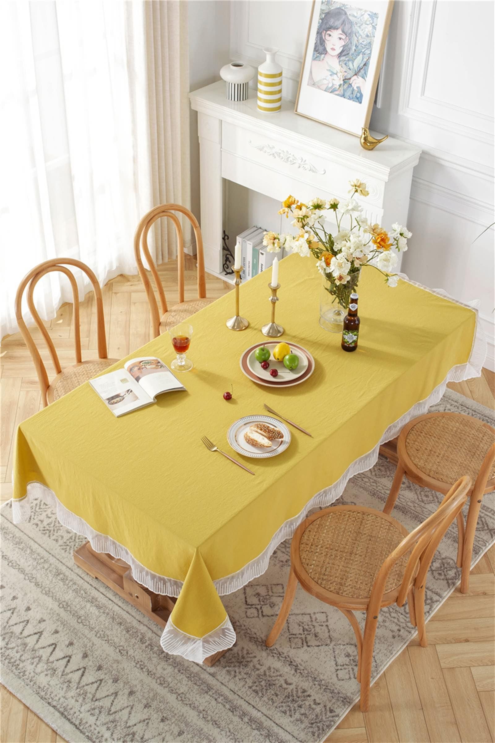 Daesar Protector Mantel Cuadrado,Mantel Algodón Mesa Color Sólido con Encaje Mantel Color Amarillo,140x140CM(55x55Inch)