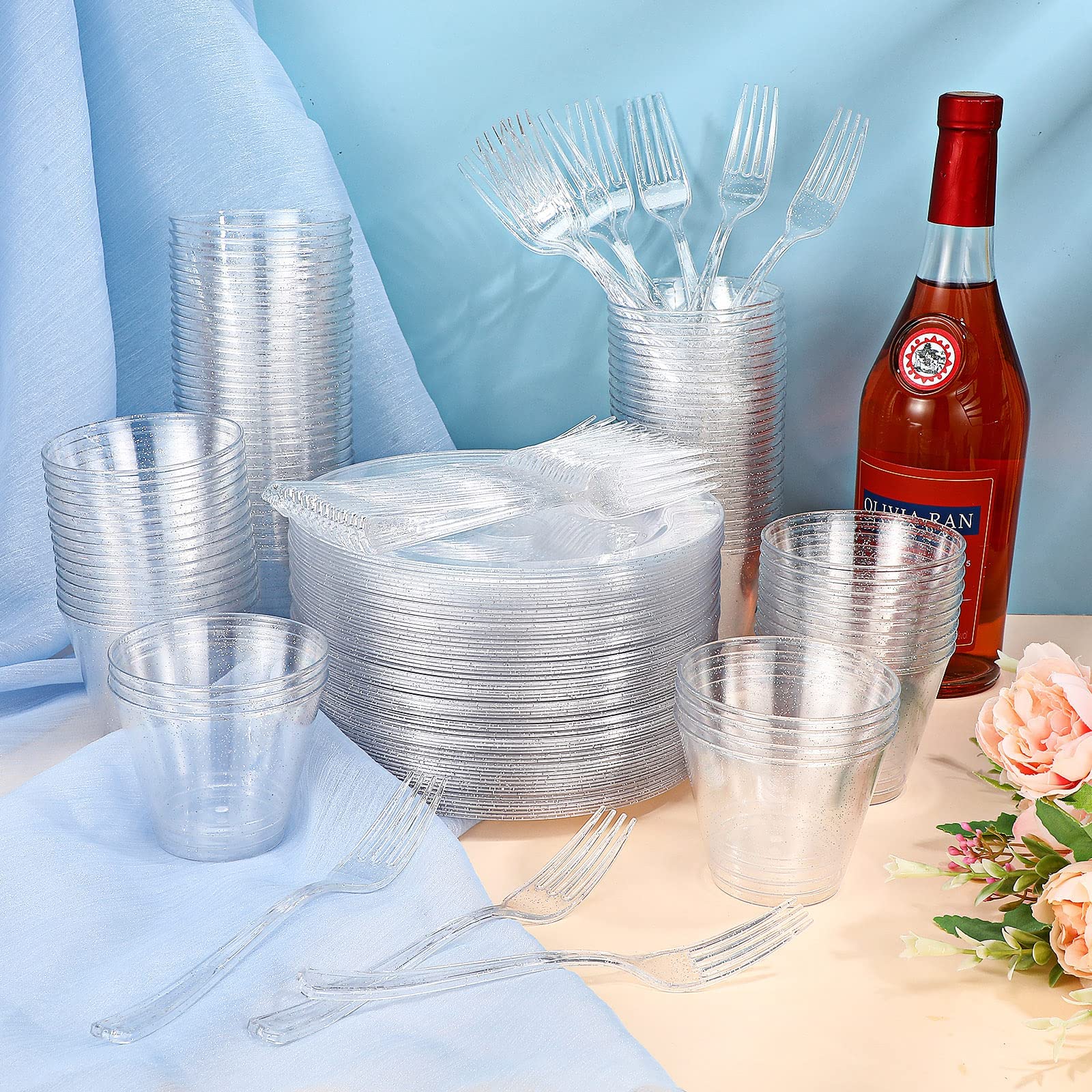 300 Pcs Plastic Dinnerware Set Disposable for Party, 100 Glitter Plastic Plates 7.5 Inch, 100 Plastic Cup 9 Oz, 100 Plastic Dessert Forks, 100 Guest Disposable Dinnerware Set (Silver)