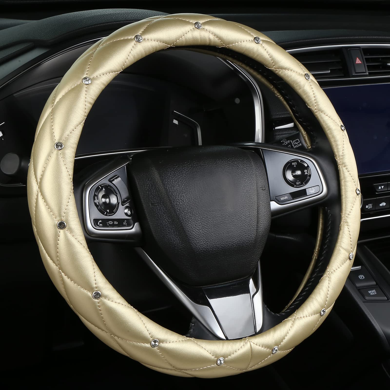 KAFEEK Diamond Soft Leather Steering Wheel Cover with Bling Bling Crystal Rhinestones, Universal 15 inch, Gold