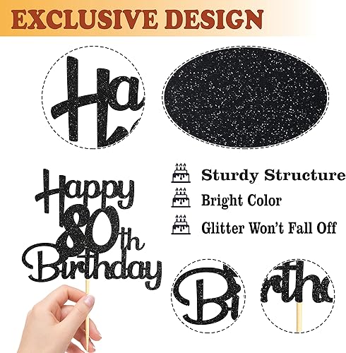 Miniatura 3 de Decoración para tarta de 80 cumpleaños con purpurina negra para pastel de 80 cumpleaños, decoraciones para tartas de cumpleaños 80, saludos a 80