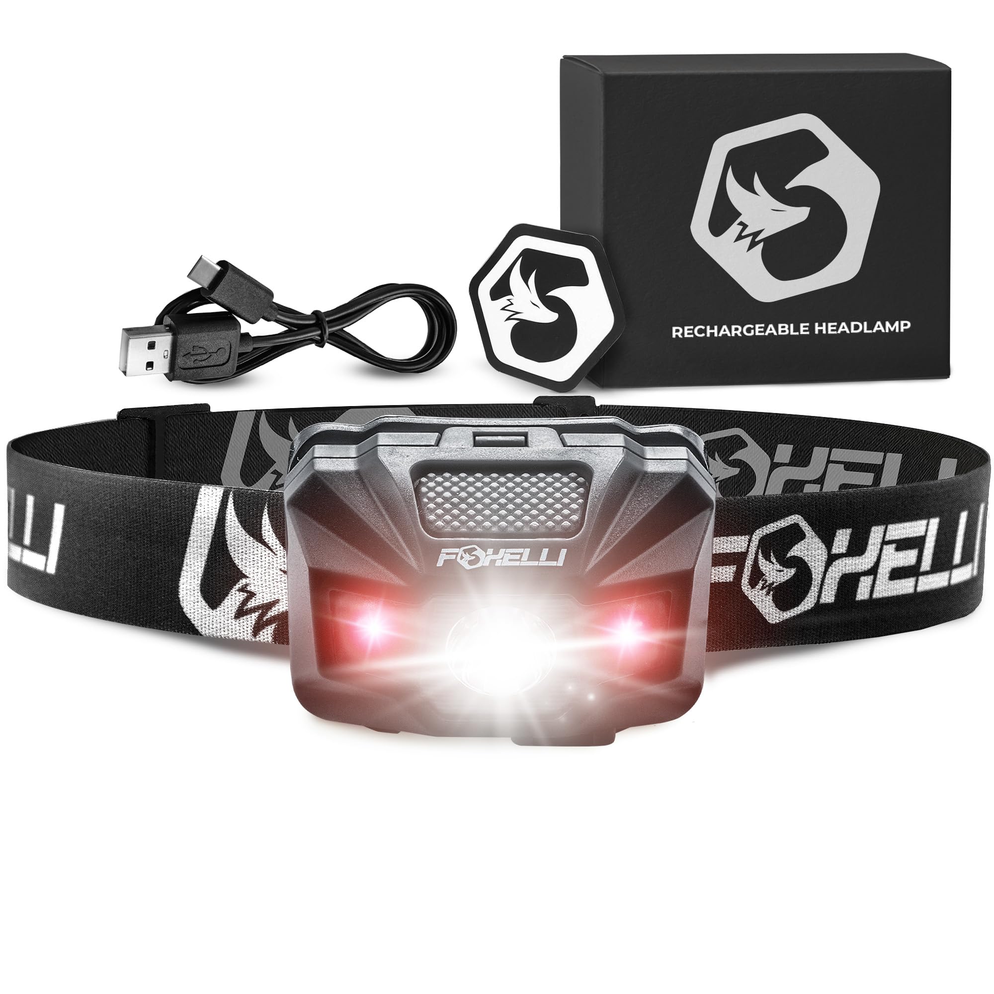 Foxelli USB‑C Rechargeable LED Headlamp – Ultra‑Light 2.4 oz & Bright 180 Lumens – Red/White Light, 5 Modes, IPX5 Waterproof, 40 h Runtime for Trail Running, Camping, Hiking