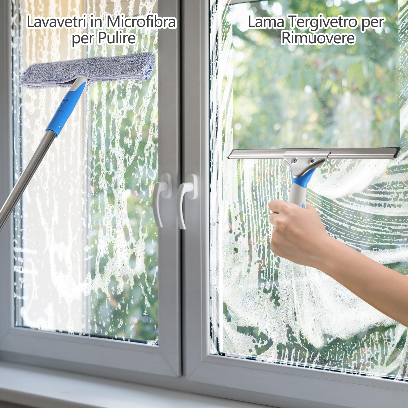 Mitclear Kit Lavavetri Telescopico 3-in-1 con Testa a 180°, Tergivetri Doccia con Manico Estensibile, Spazzola di Pulizia per Finestre da Casa(158cm
