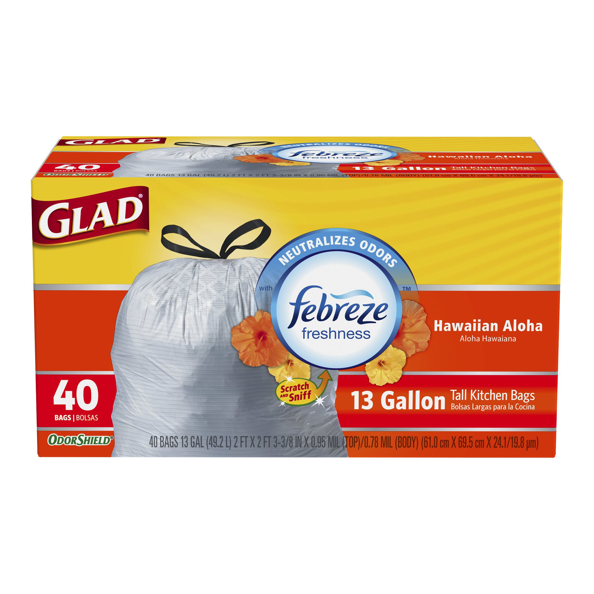 GLADOdorshield Tall Kitchen Drawstring Trash Bags, Hawaiian Aloha, 13 Gallon, 40 Count (Packaging May Vary)