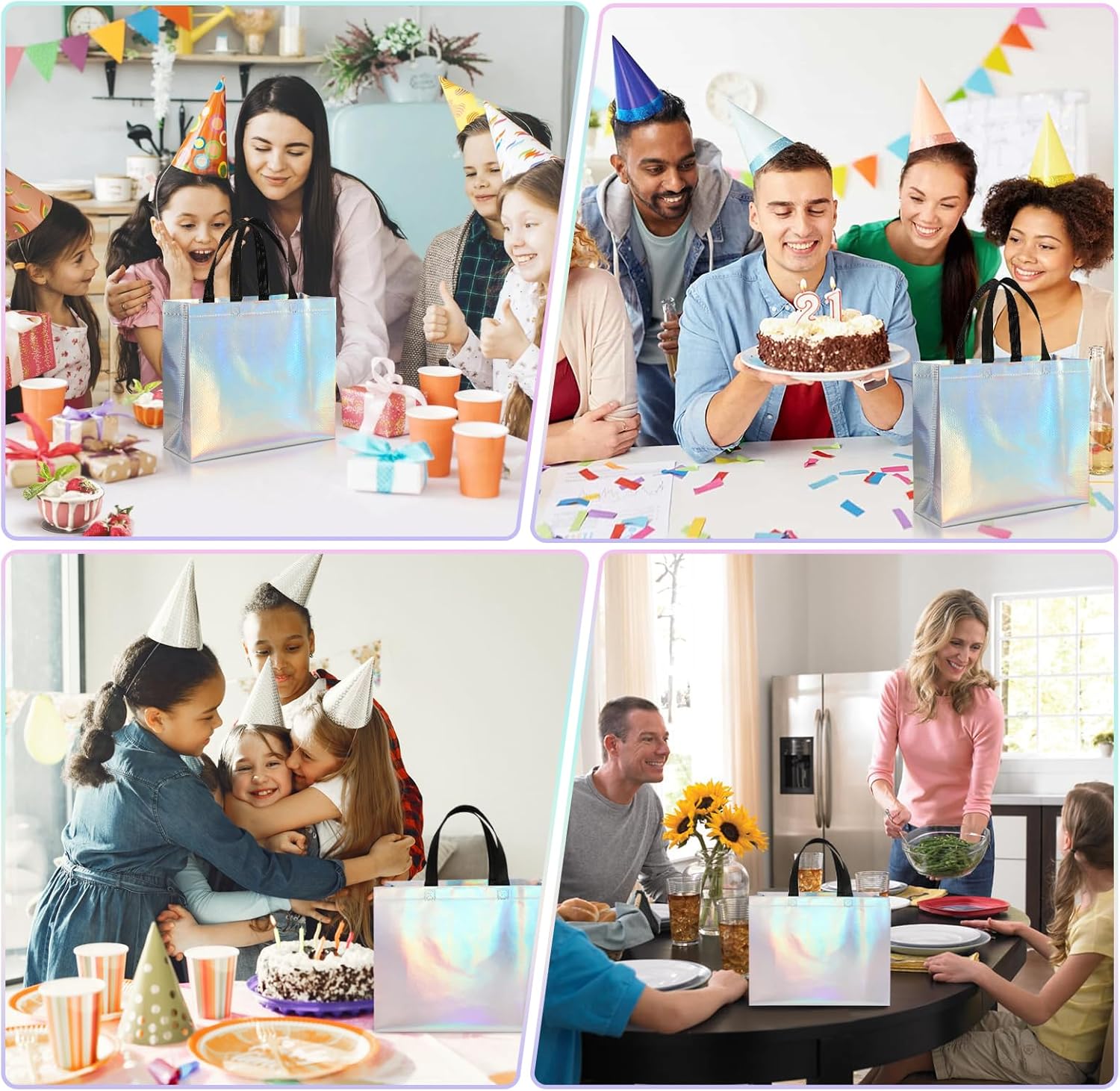 PHOGARY 15Pcs Iridescent Glossy Gift Bags with Handles & Sturdy Base, 12.6x4.7x11 In Reusable Holographic Christmas Gift Bags, Non-woven Goodie Bag Bulk for Birthday, Wedding, Holiday Party - Image 5