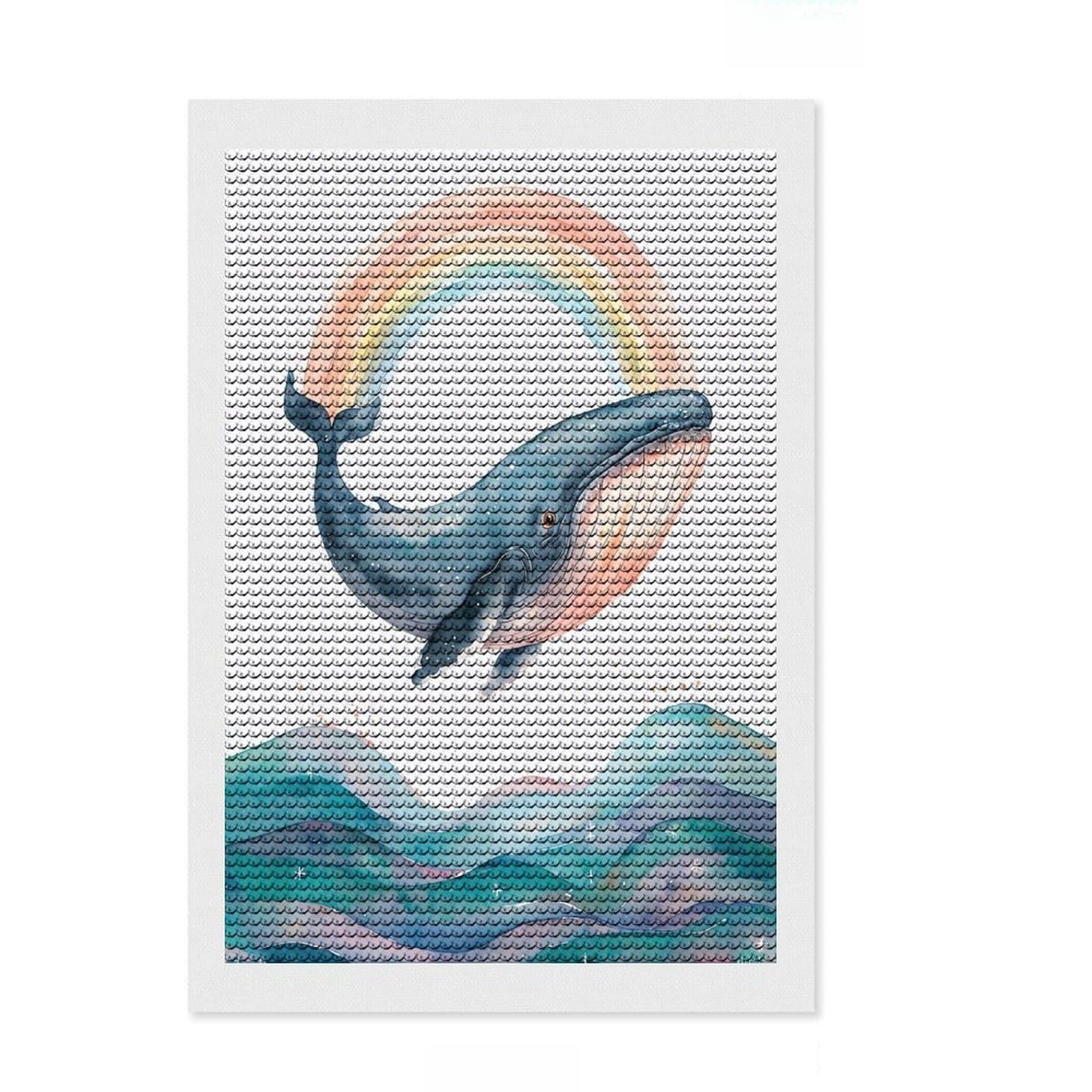 Junmoney Watercolor Whale with Rainbow and Waves Diamond Style Art Kit 8"x12", Round Gems, Mindful Craft Project, Thoughtful Present, Aesthetic Room Decor