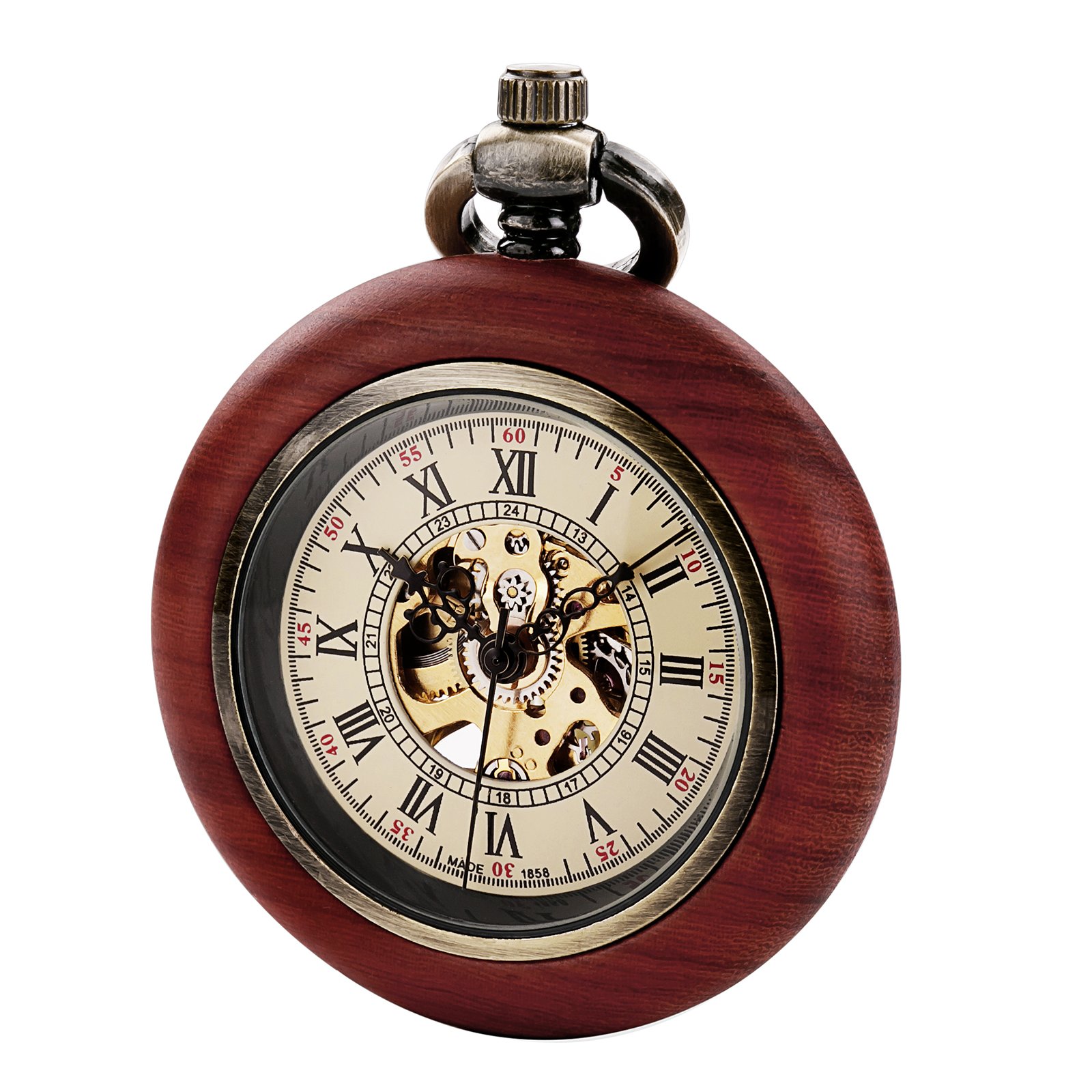 DODO DEER Vintage Wood Mechanical Pocket Watch for Men Women Steampunk Skeleton Dial with Chain Box (Brown White)