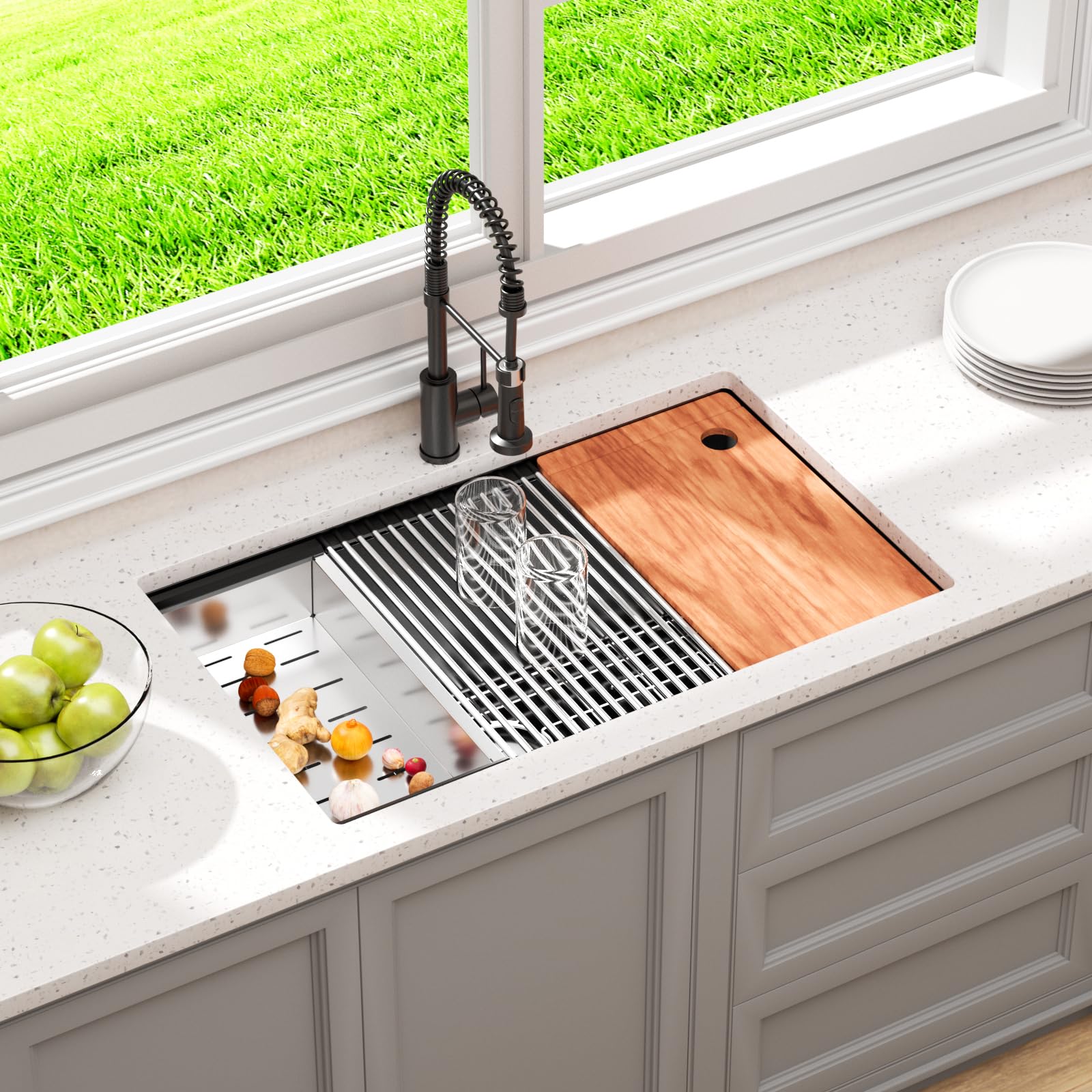 Condition photo showing New/Like New for Stainless Steel Kitchen Sink : 28-Inch Undermount Single Bowl Farmhouse Workstation Sink - Noise Reducing Design & Accessories Included (Black, 2818)