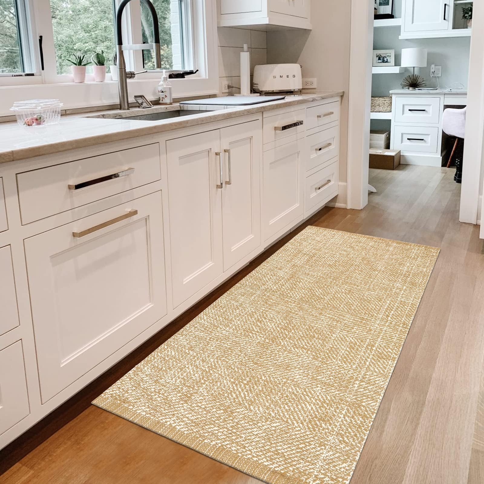 LEEVAN Washable Kitchen Runner Rug, 2' x 4.3' Boho Bathroom Rugs Cotton Tan Reversible Entryway Rug, Farmhouse Hallway Rug Modern Bedroom Carpet for