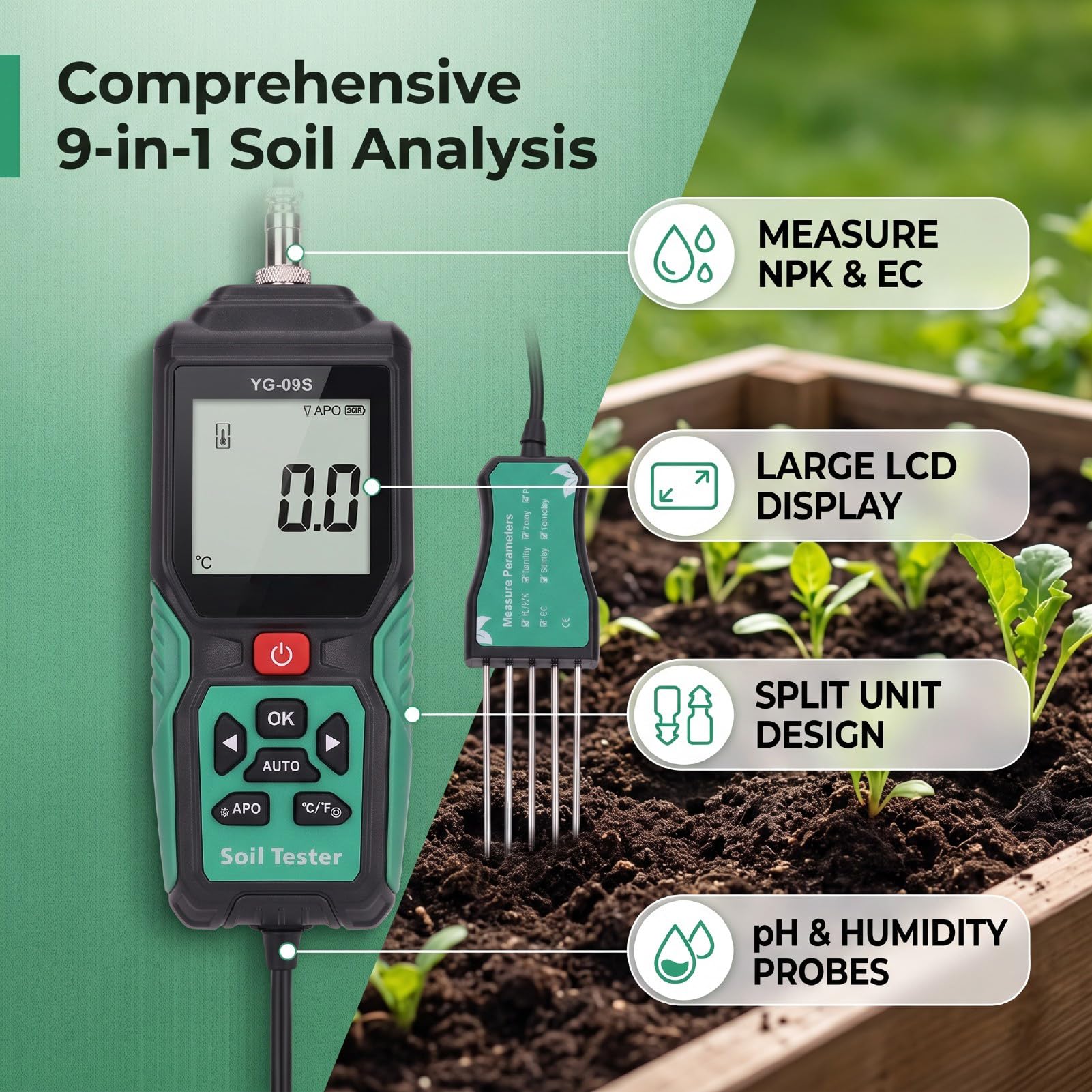 Medidor de Suelo 9 en 1, Analizador NPK PH EC Salinidad con | Carcasa ABS, Uso en Jardín y Granja, Sonda Doble, Batería Recargable 500mAh