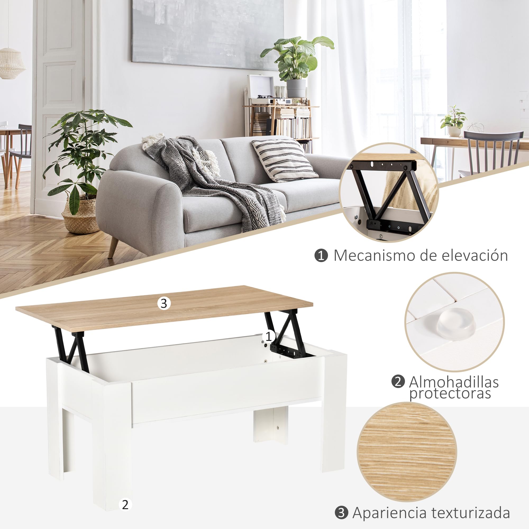 HOMCOM Mesa de Centro Elevable Mesa de Café con Encimera Elevable Espacio Oculto de Almacenaje 100x50x45-58,5 cm Blanco y Natural