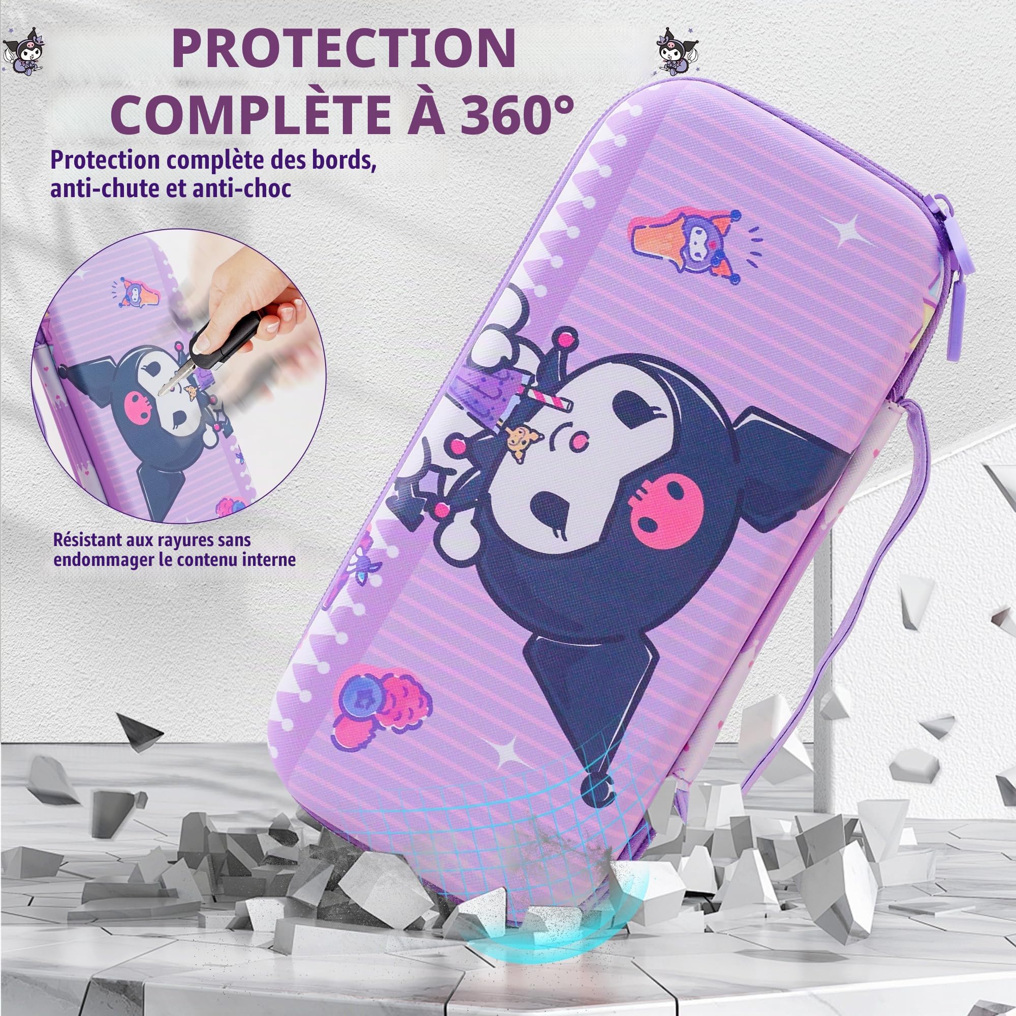 HYPERCASE Sac de transport rigide pour console NS/OLED, poignée de contrôleur, rangement d'accessoires avec 10 emplacements pour cartes et 2 capuchons de frappe, lapin de dessin animé violet