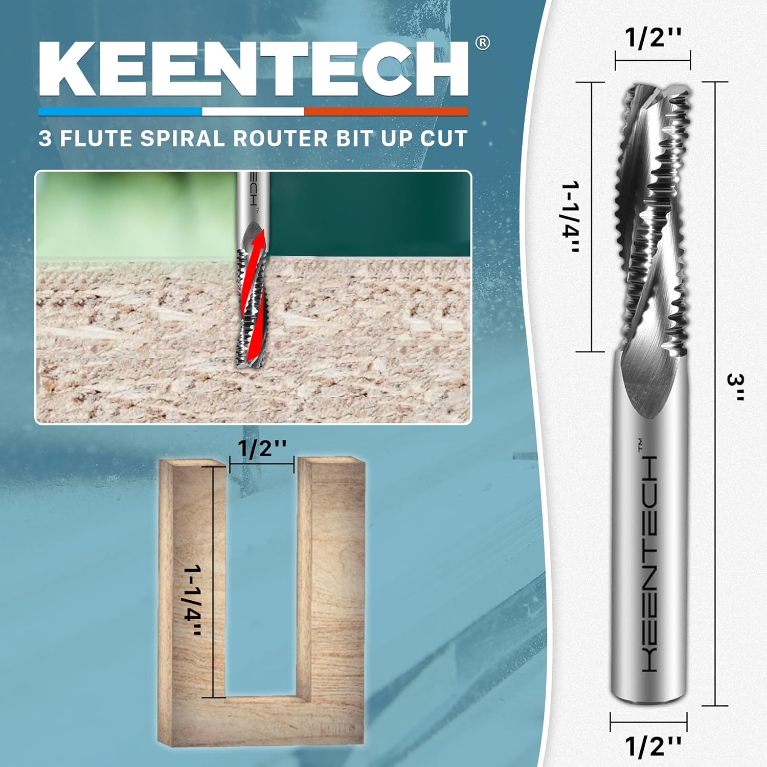 KEENTECH 1/2" Shank Upcut 3 Flute Flat Tip Roughing Sprial Router Bit for CNC Router Machine, 1/2" Cutting Diameter, 1-1/4" Cutting Depth, for Wood Cutting, Custom Furniture, Slot Mortise, Engraving