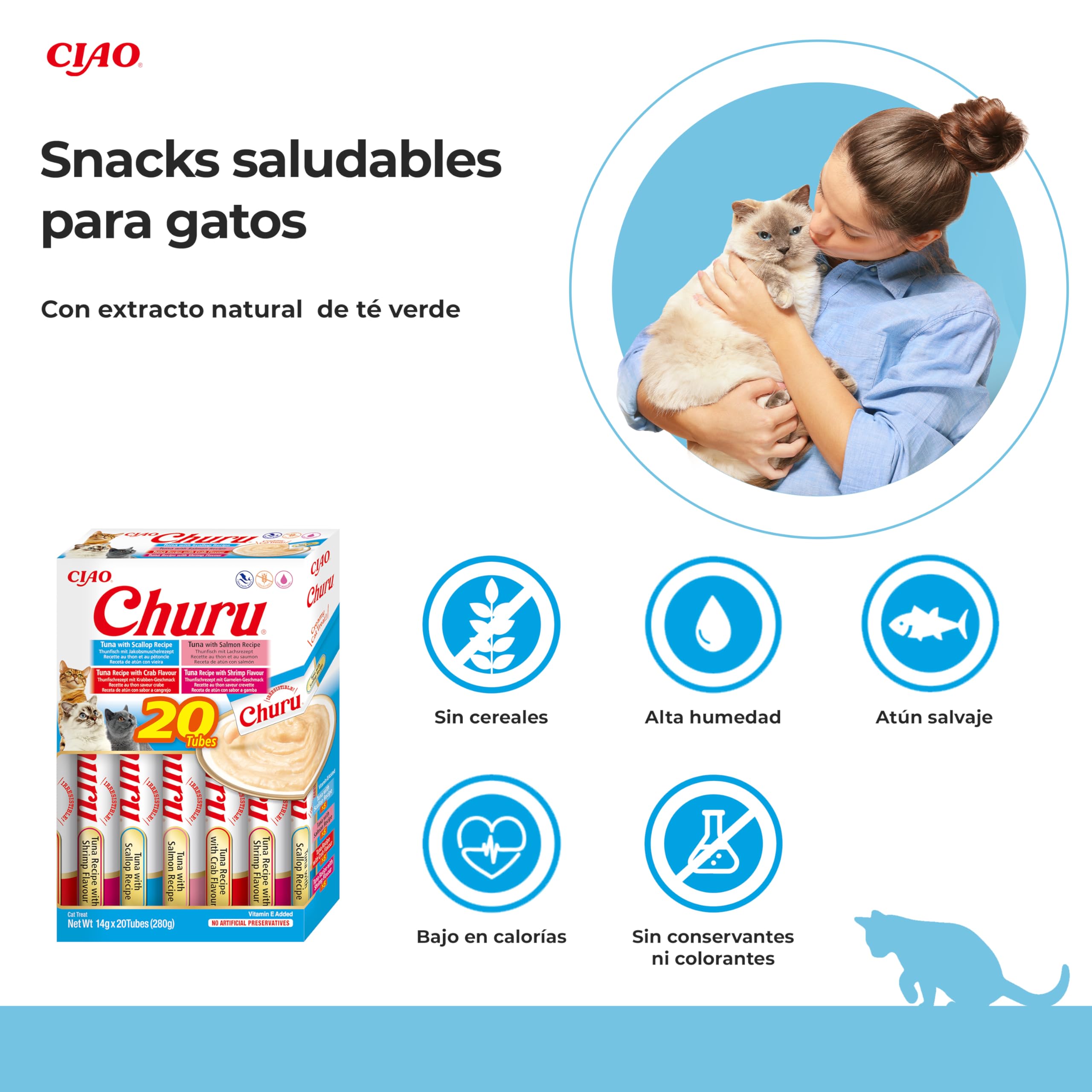 INABA Churu Gatos - 4 Recetas de Snacks Saludables a Base de Atún - Deliciosos Premios con Textura Suave y Cremosa - Natural, Sin Cereales, Sin Conservantes, Sin Colorantes - 280g (20x14g)