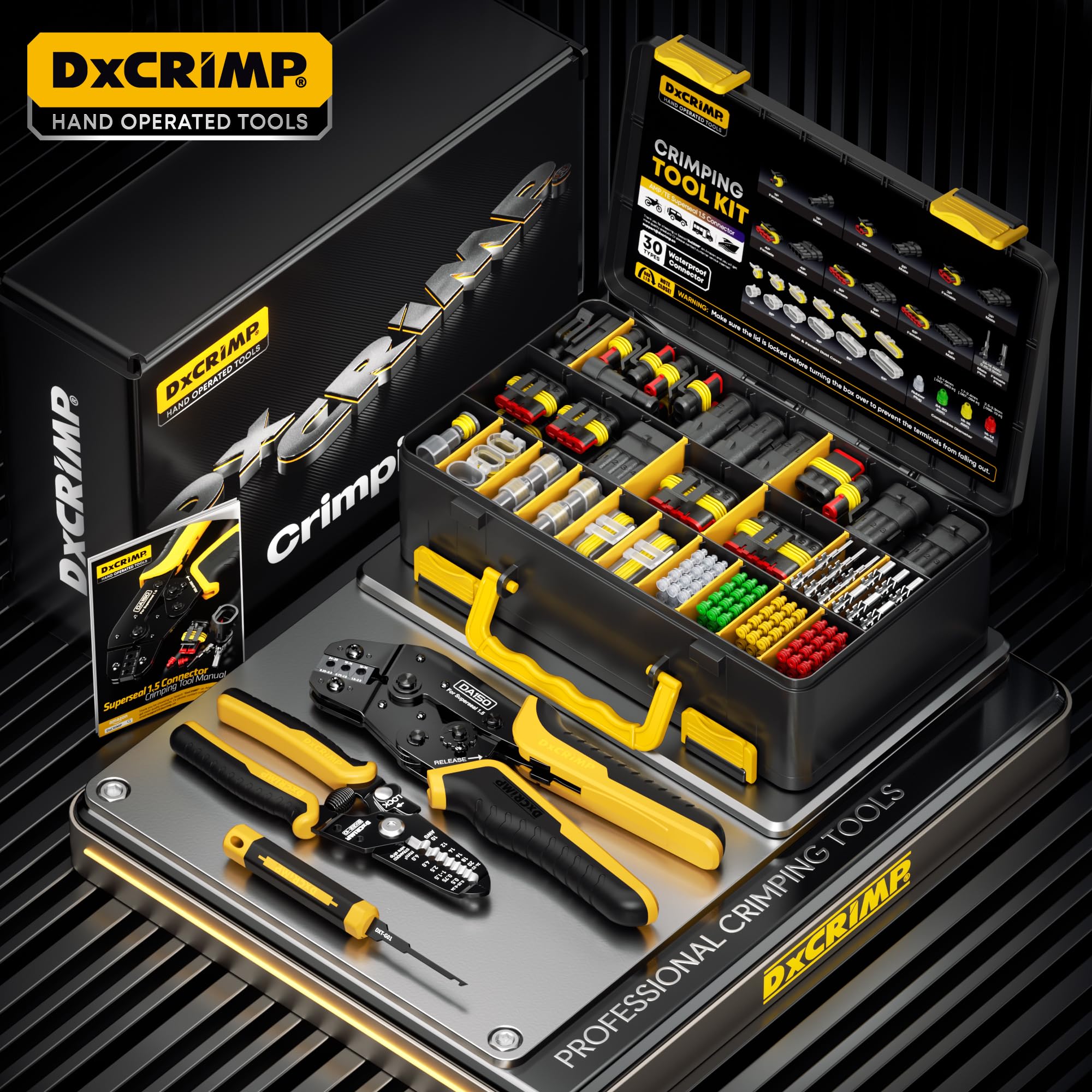 DxCRIMP Kit Connettori Elettrici Auto Impermeabili, 1-6 Pin, 3 Strumenti | Connettori maschio e femmina 0.25-2.5mm², crimpatrice, spelafili ed estrattore. Crea cablaggi IP67 per auto, moto e camion.