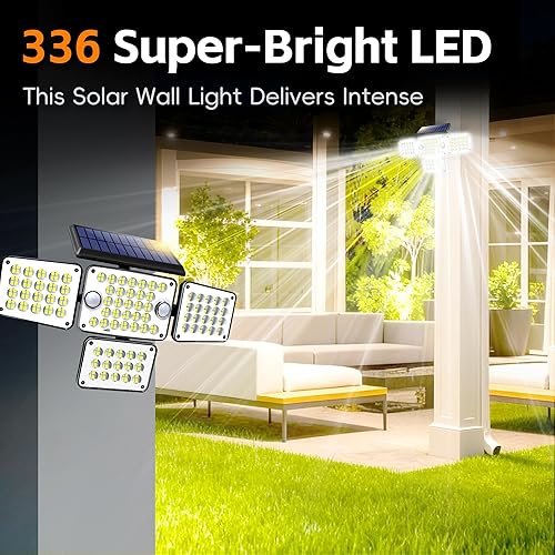 Miniatura 2 de Luces solares para exteriores 336 LED, luz de pared de seguridad con sensor de movimiento con control remoto, diseño ajustable de 4 cabezales